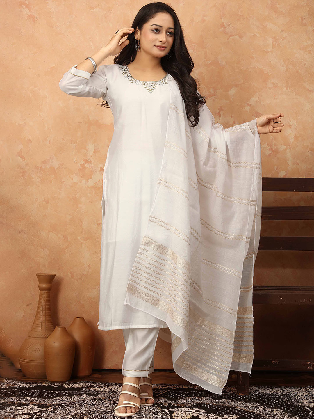 

TWINS LADY Floral Yoke Design Regular Mirror Work Kurta with Trouser & Dupatta, White