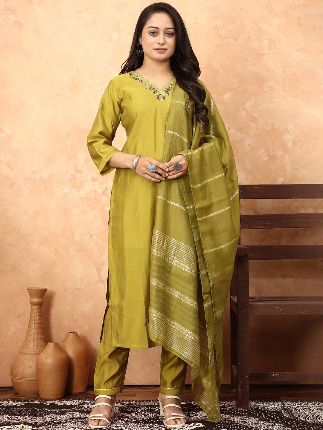 

TWINS LADY Ethnic Motifs Yoke Design Regular Thread Work Kurta with Trousers & Dupatta, Mustard