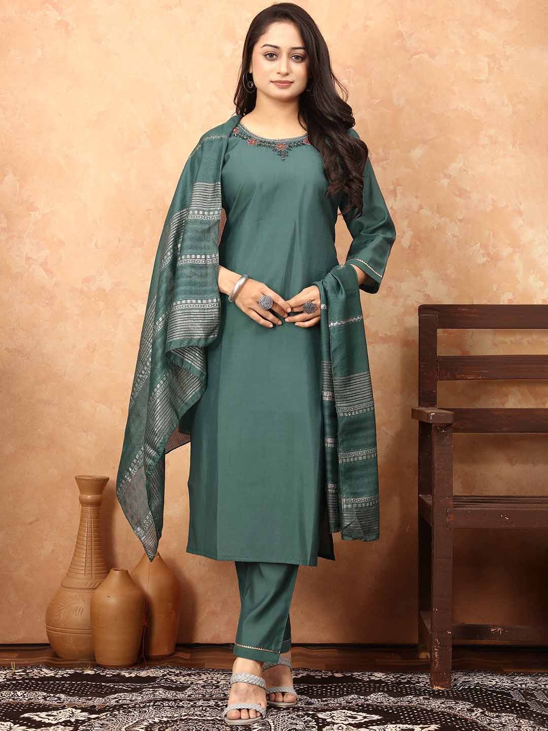 

TWINS LADY Floral Yoke Design Regular Thread Work Kurta with Trouser & Dupatta, Sea green