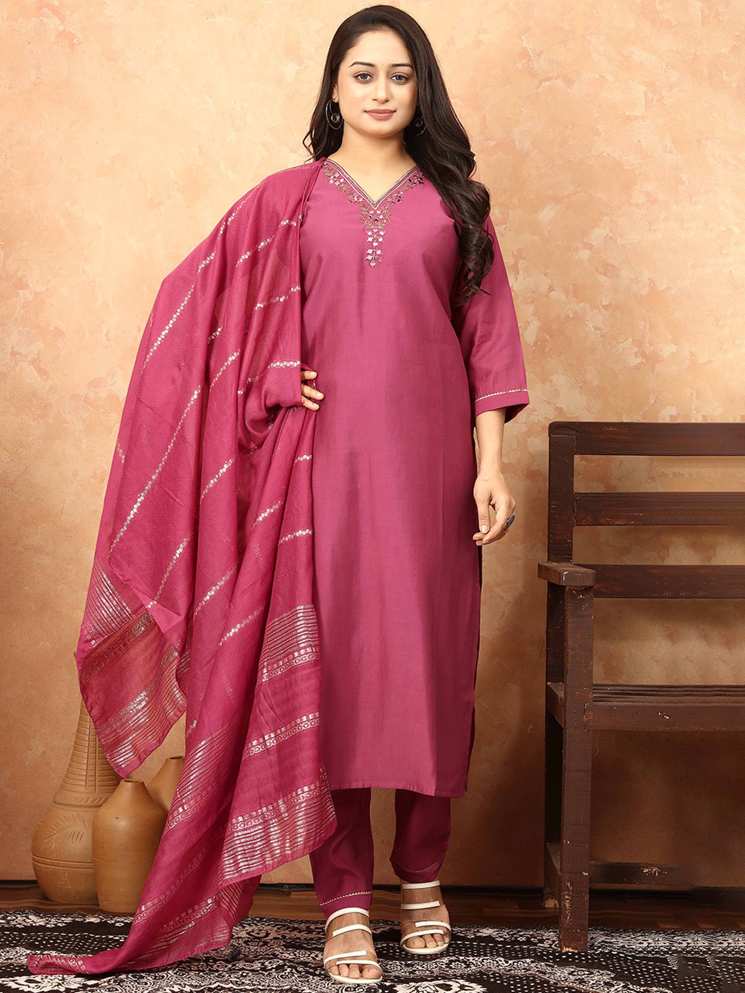 

TWINS LADY Floral Yoke Design Mirror Work Straight Kurta with Trousers & With Dupatta, Peach
