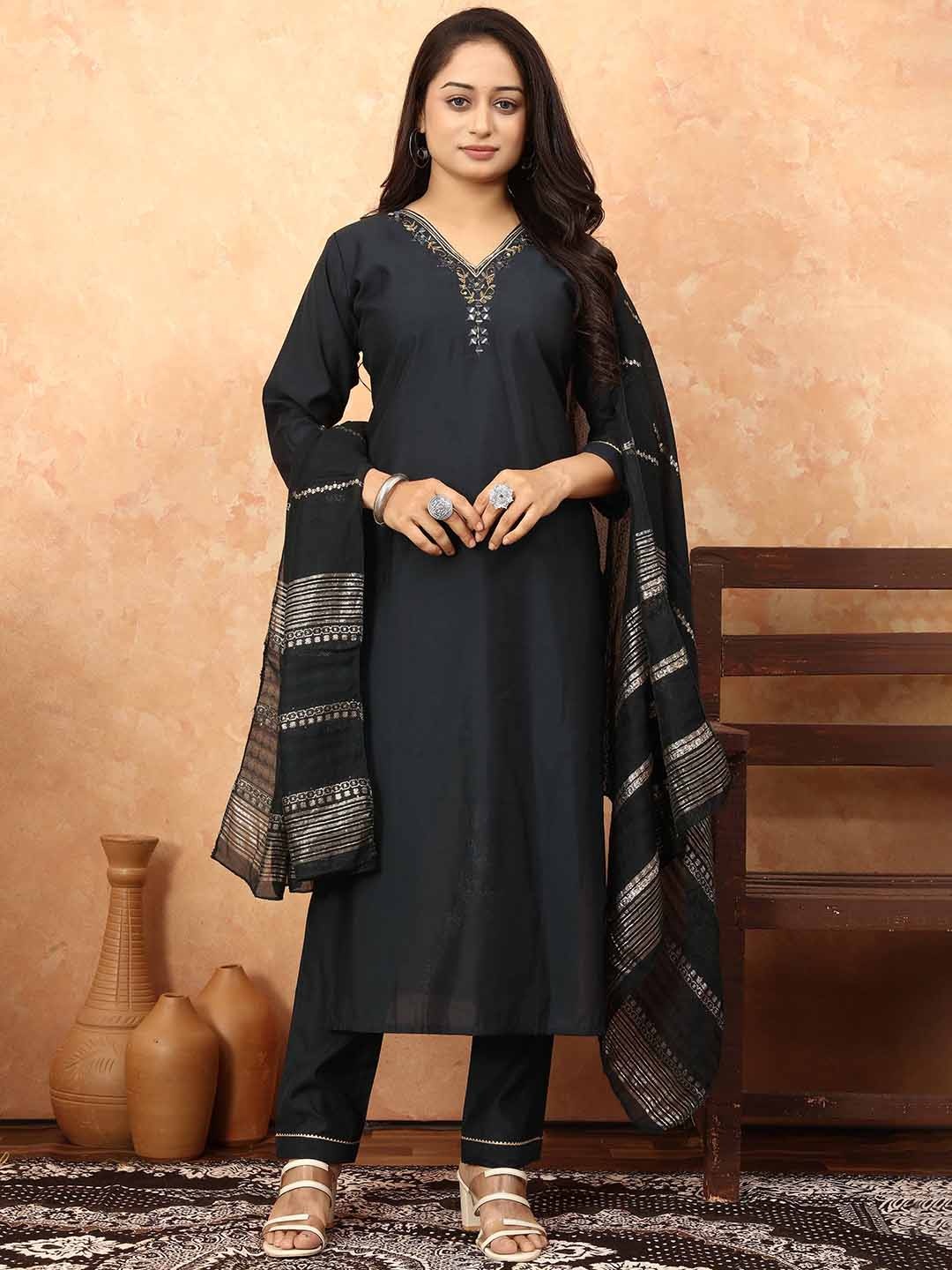 TWINS LADY Floral Yoke Design Regular Mirror Work Kurta with Trouser & Dupatta, Black