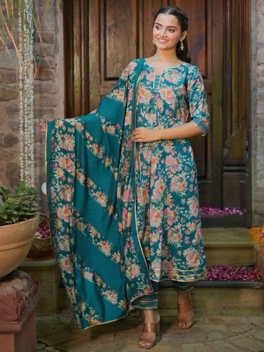 

Libas Floral Printed Empire Gotta Patti Kurta with Trousers & With Dupatta, Blue