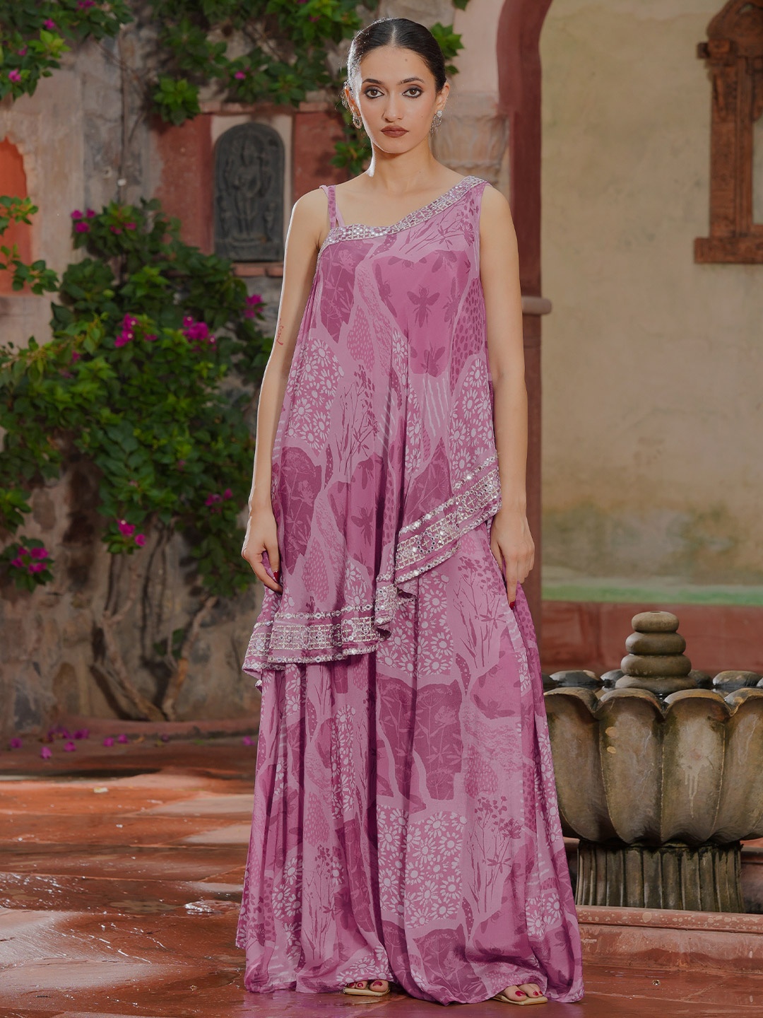 

Libas Mauve Floral Printed One-Shoulder Tunic With Palazzo