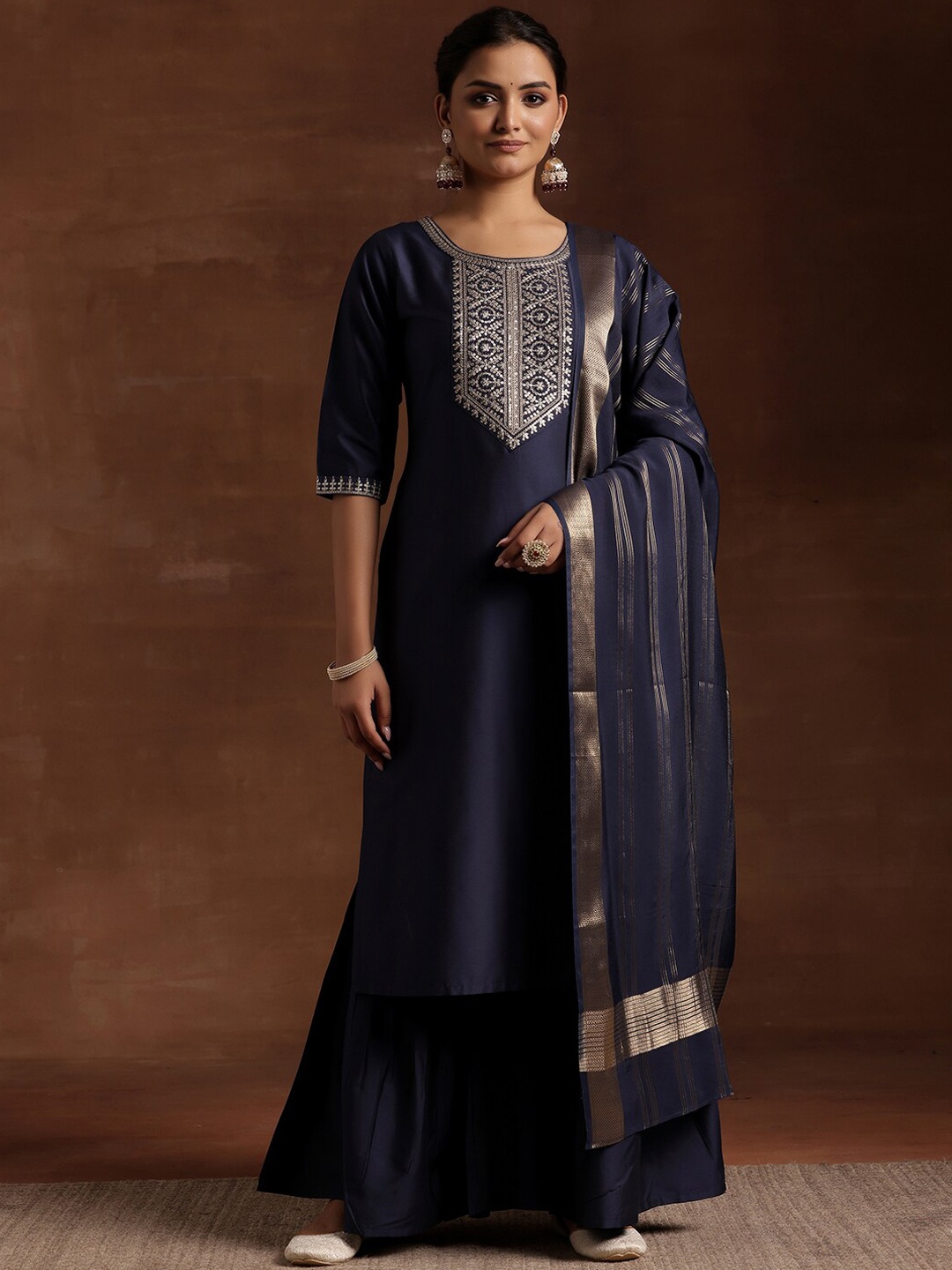 

Libas Floral Yoke Design Regular Kurta with Sharara & With Dupatta, Blue