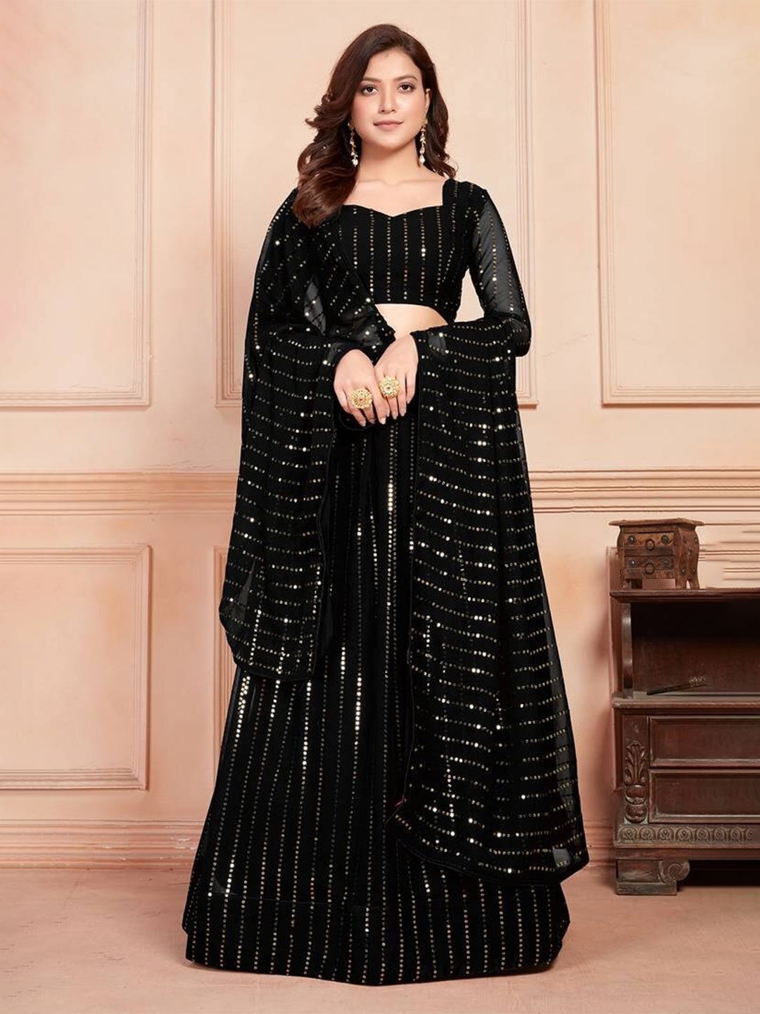 

Fashion Basket Embellished Sequinned Semi-Stitched Lehenga & Blouse With Dupatta, Black