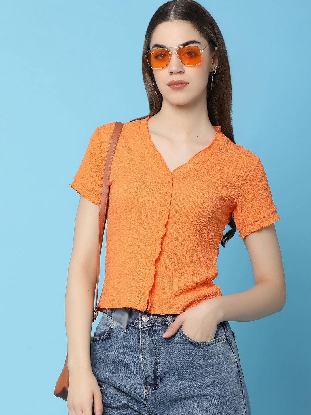 

V-Mart V-Neck Short Sleeves Knitted Cotton Top, Orange