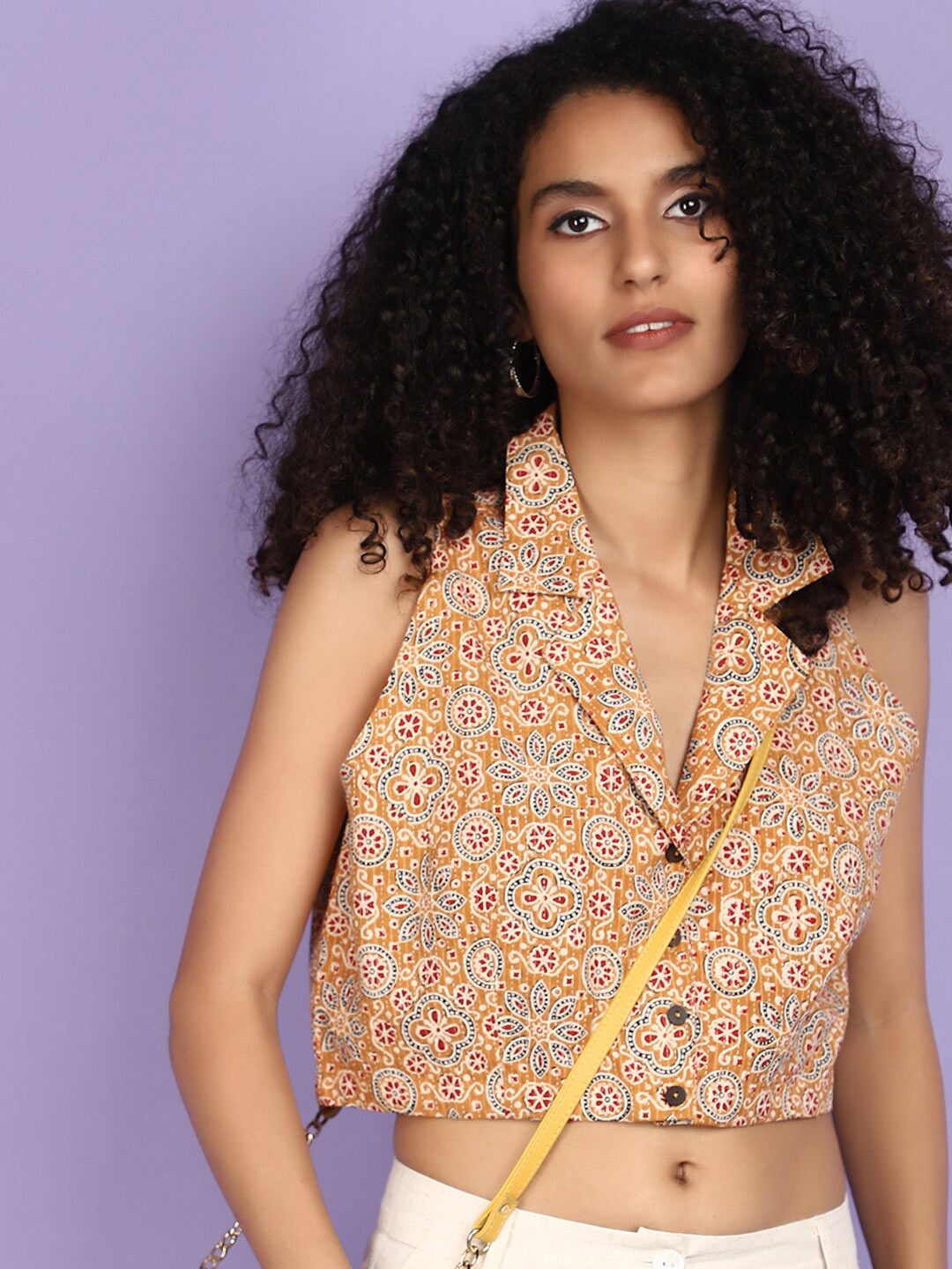 

V-Mart Floral Printed Cuban Collar Cotton Crop Top, Yellow