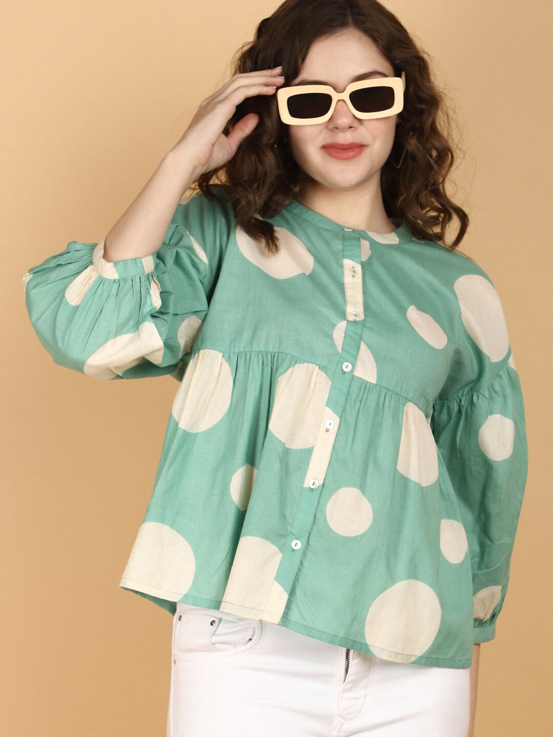 

V-Mart Polka Dot Printed Mandarin Collar Puff Sleeve Gathered Cotton Empire Top, Green