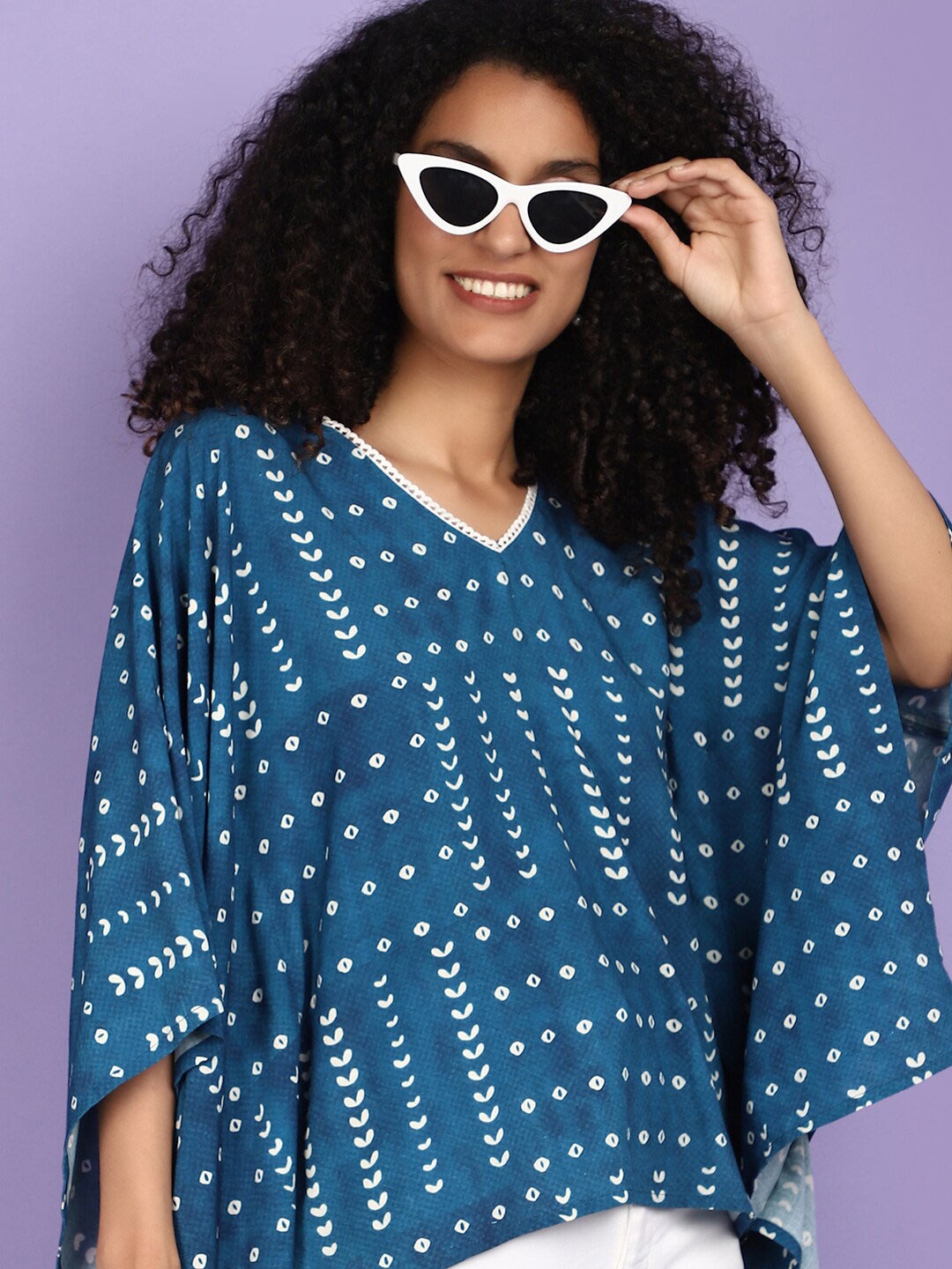 

V-Mart Abstract Printed Flared Sleeve Three-Quarter Sleeves V-Neck Cotton Top, Blue