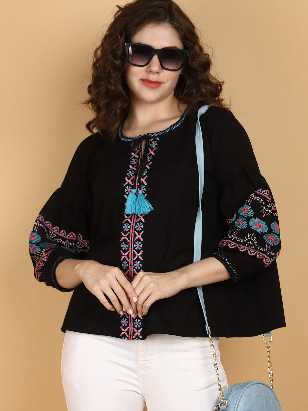 

V-Mart Geometric Embroidered Tie-Up Neck Puff Sleeve Cotton Top, Black
