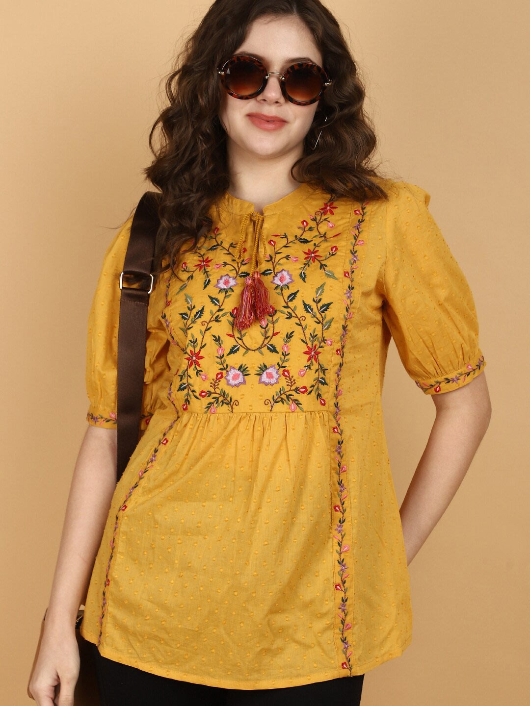 

V-Mart Floral Tie-Up Neck Puff Sleeve Cotton Top, Yellow