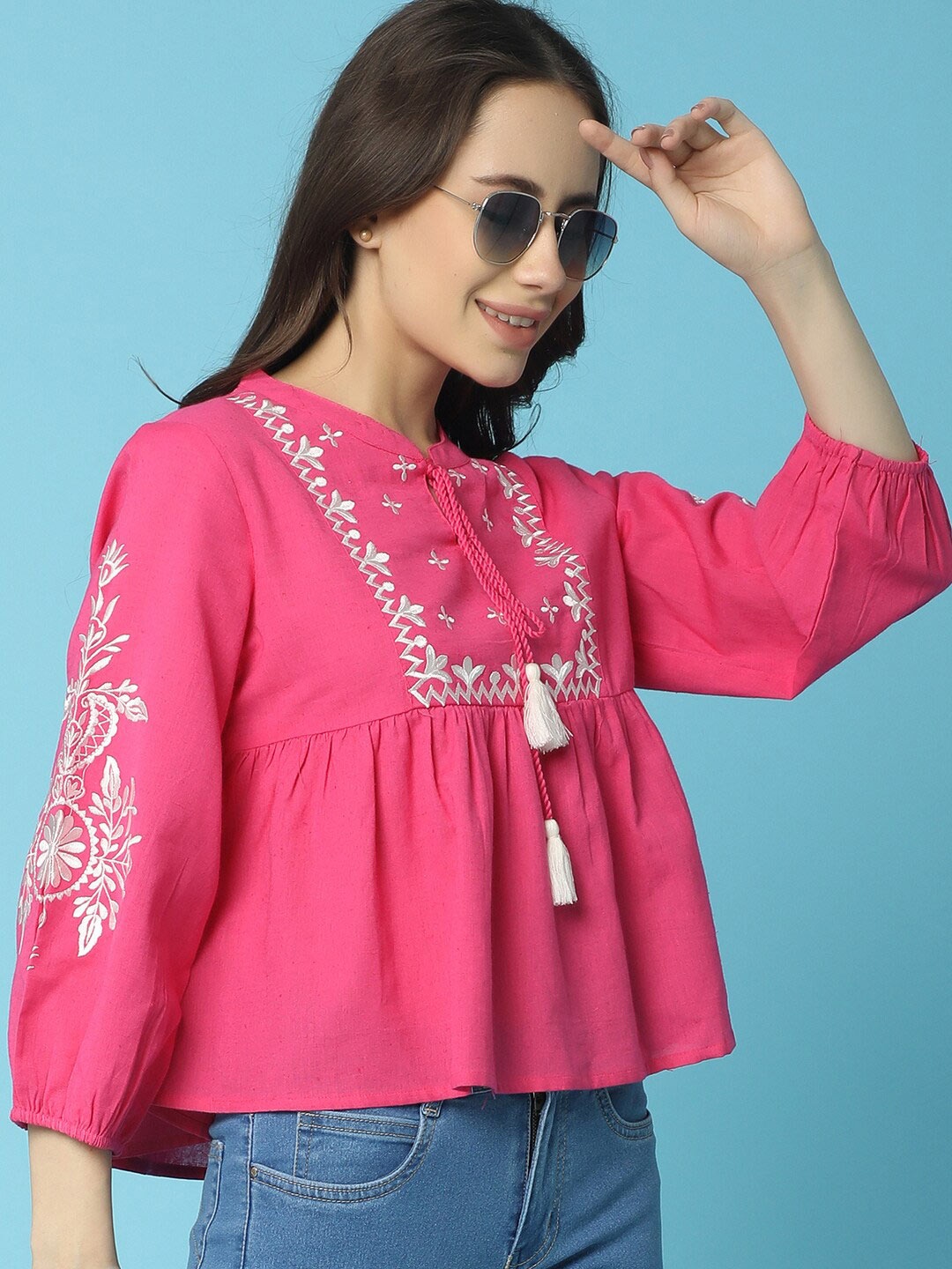

V-Mart Floral Embroidered Tie-Up Neck Puff Sleeves Gathered Cotton Peplum Top, Fuchsia