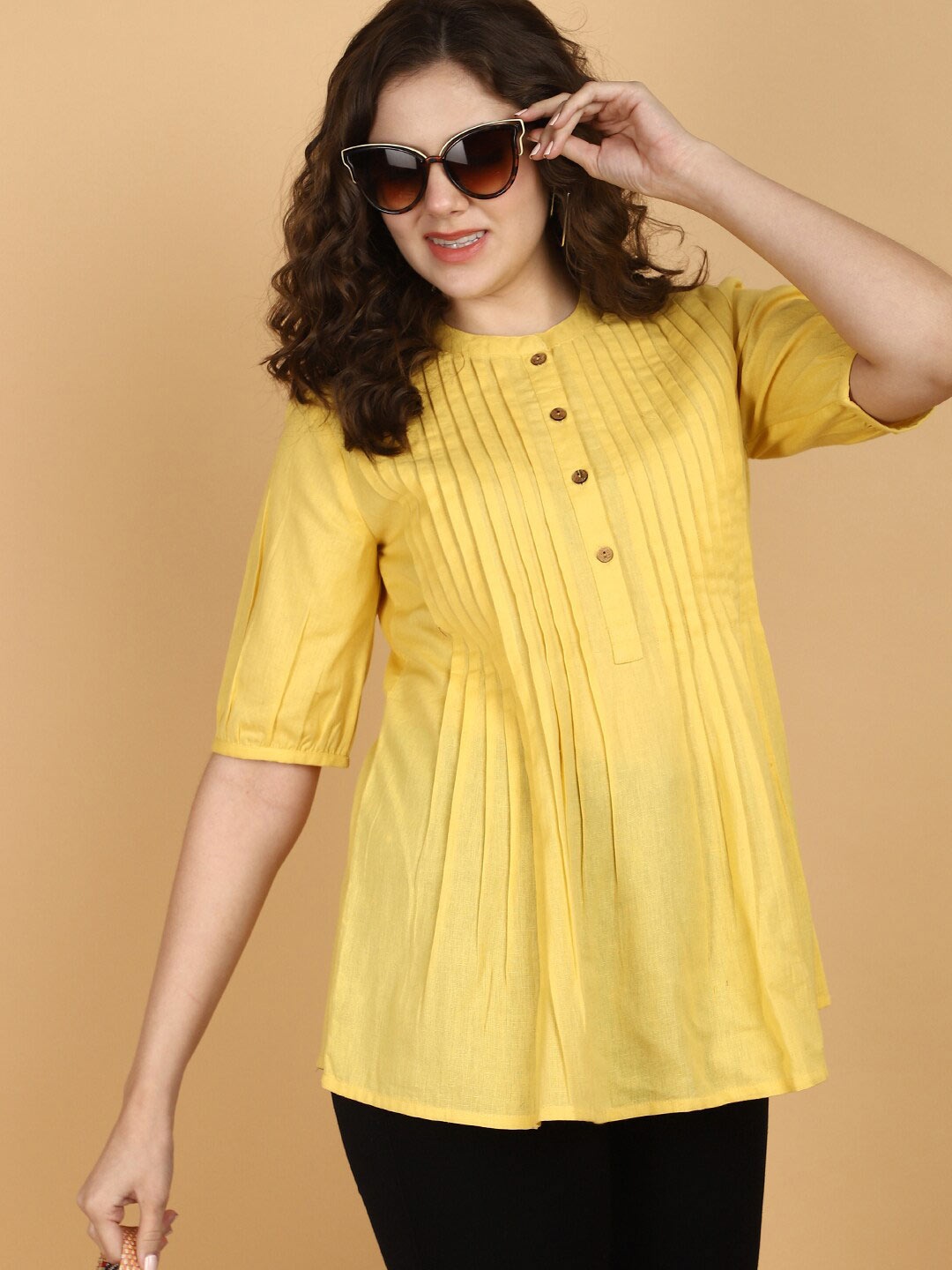 

V-Mart Mandarin Collar Pleated Cotton Top, Yellow
