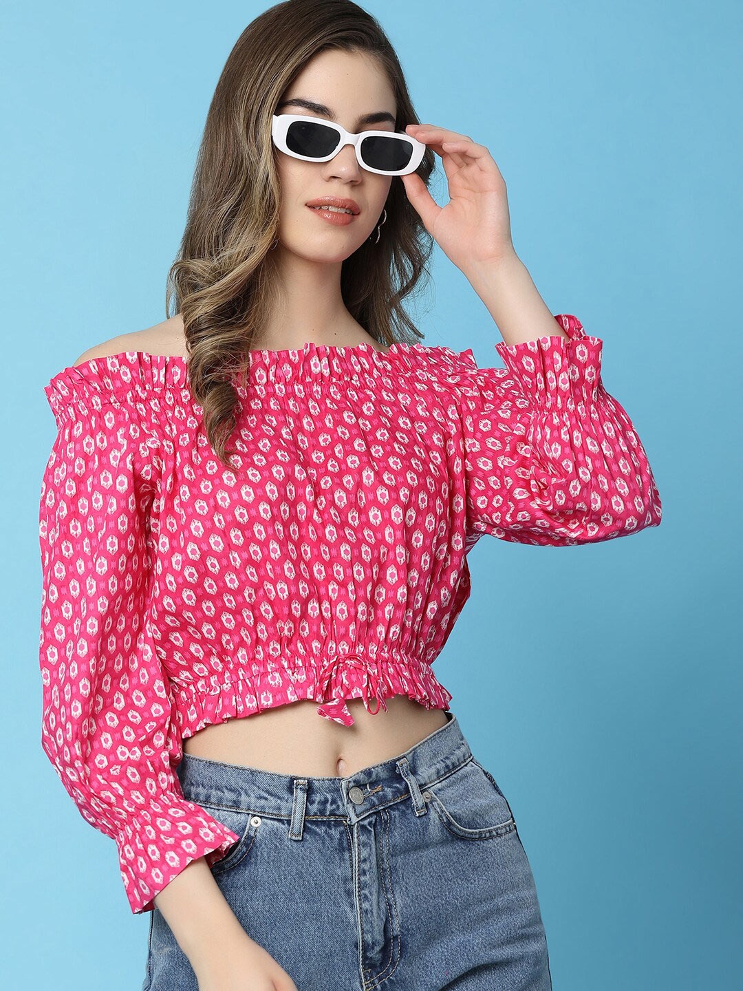 

V-Mart Geometric Print Off-Shoulder Puff Sleeve Cotton Bardot Crop Top, Pink