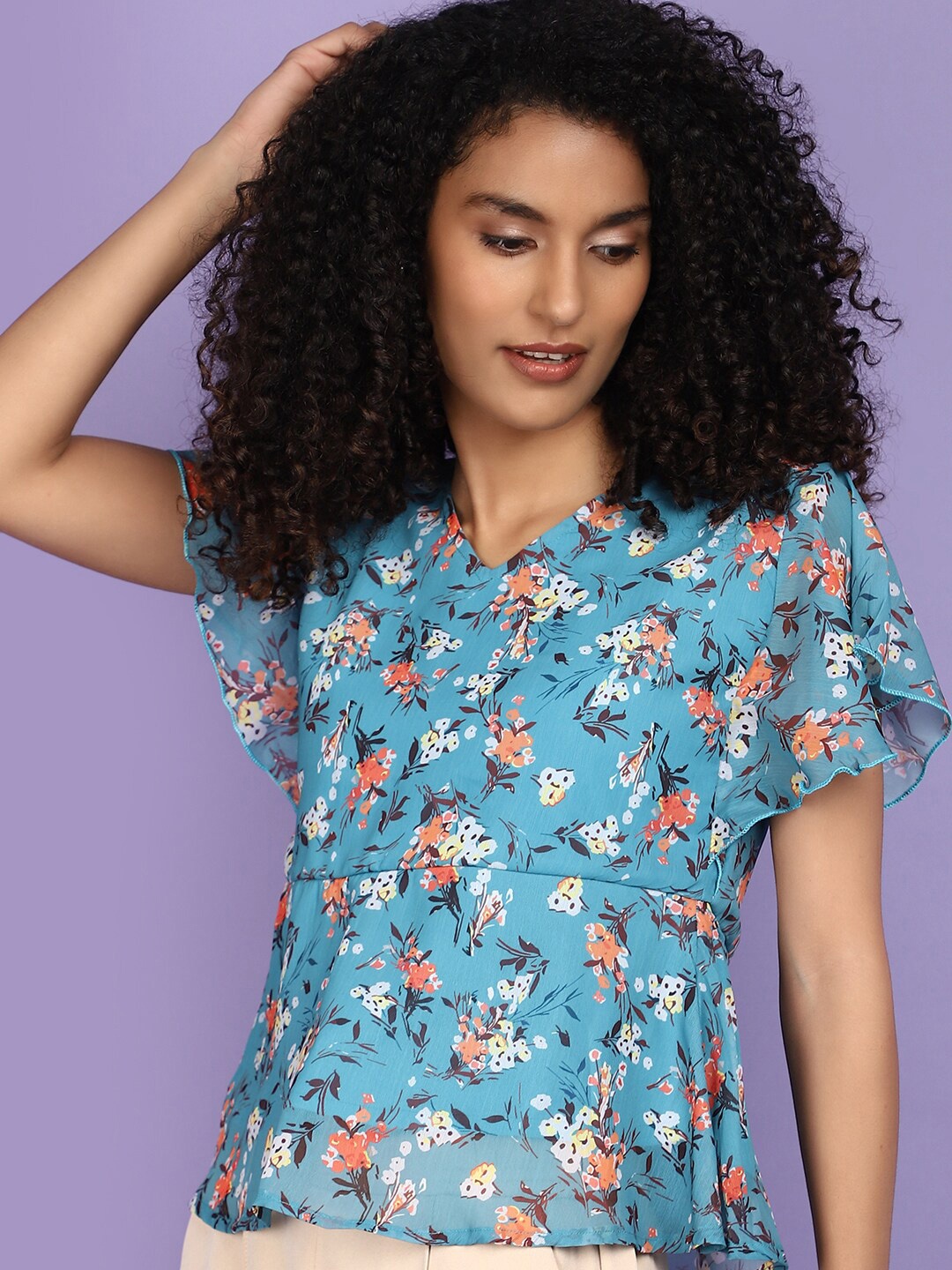 

V-Mart Floral Printed Flutter Sleeve Chiffon Peplum Top, Green