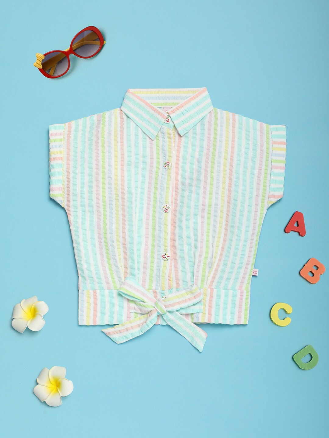 

V-Mart Girls Vertical Stripes Extended Sleeves Cotton Shirt Style Top, Blue