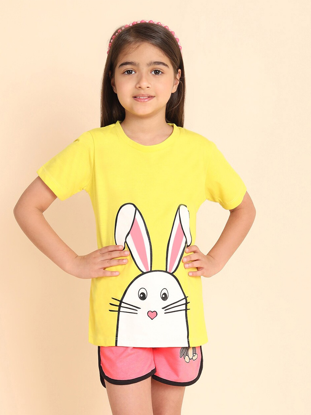 

YK Girls Printed Short Sleeves Round Neck Cotton T-shirt with Shorts, Yellow
