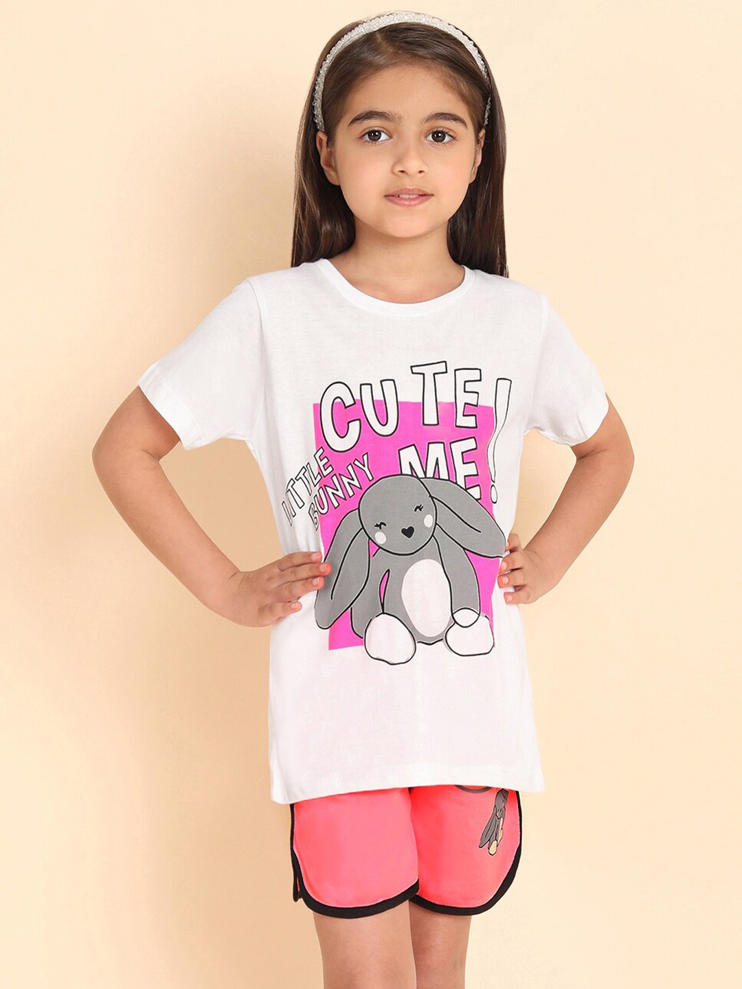

YK Girls Printed T-shirt with Short, White