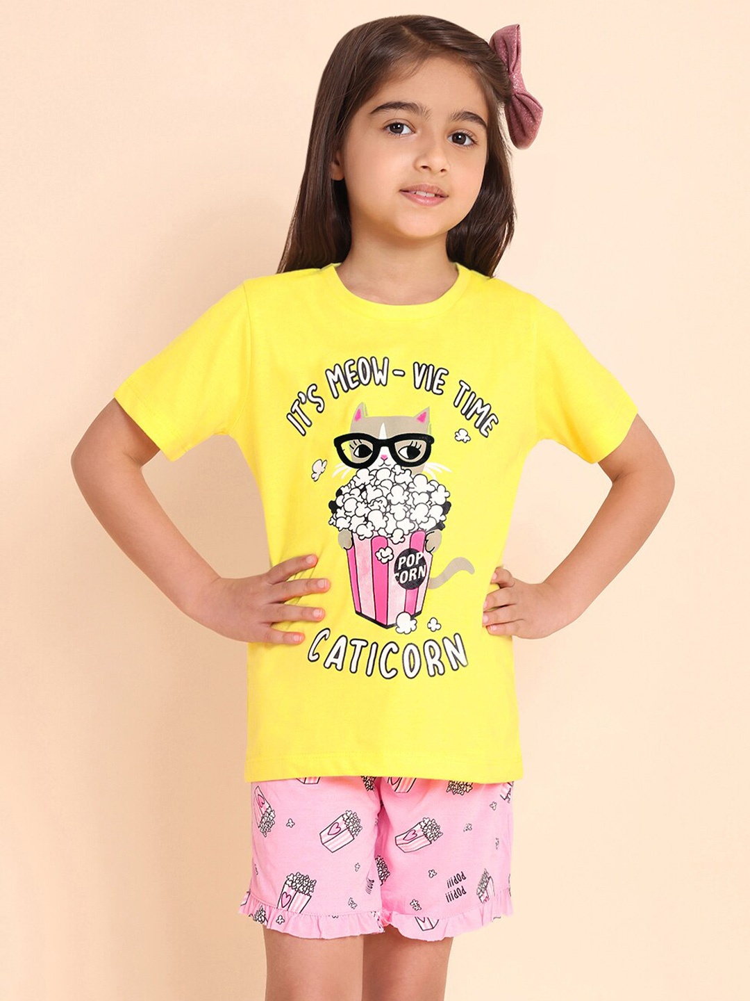 

YK Girls Typography Printed Round Neck T-shirt with Shorts, Yellow