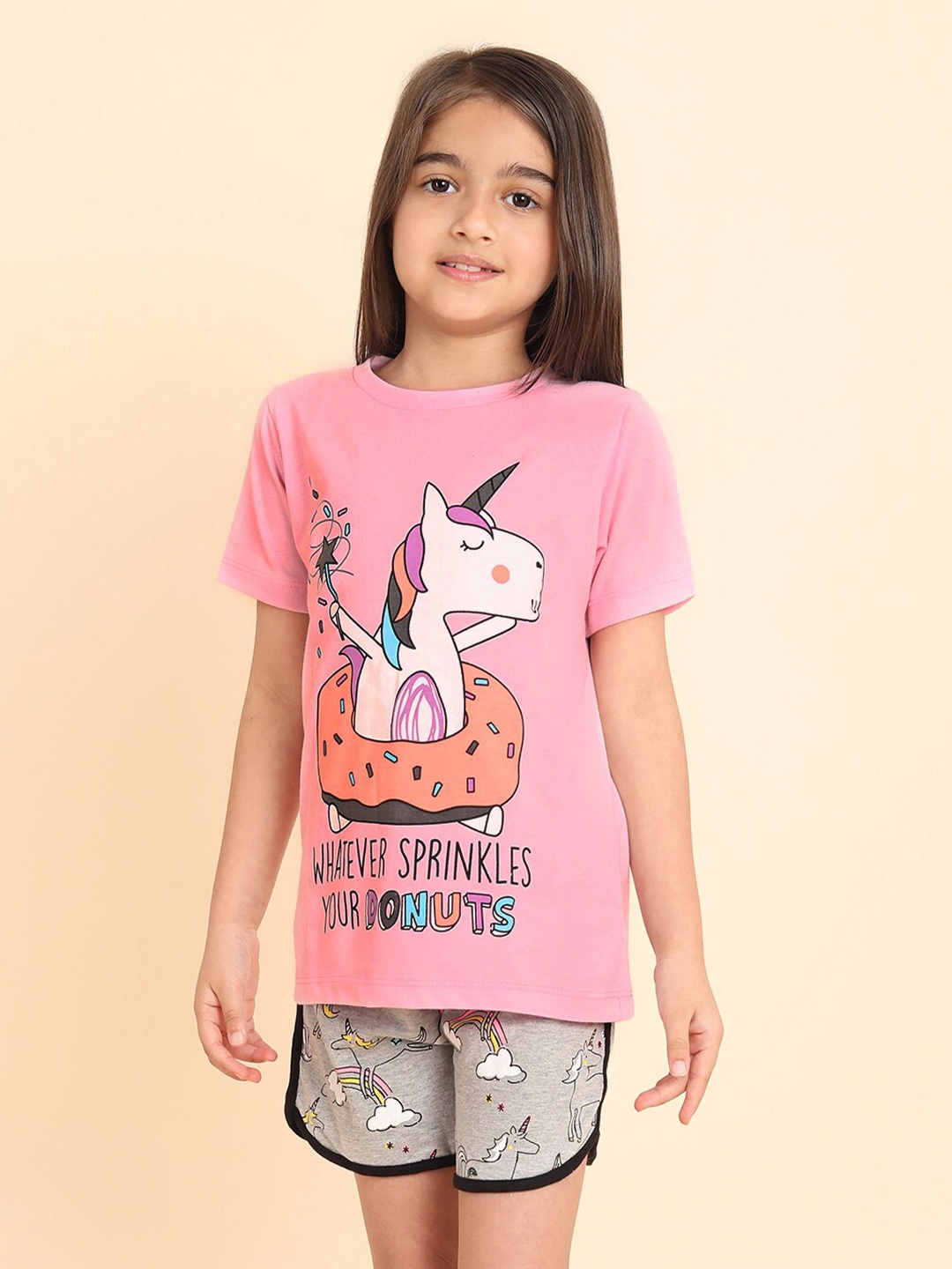 

YK Girls Printed Round Neck Short Sleeves T-shirt With Shorts, Pink