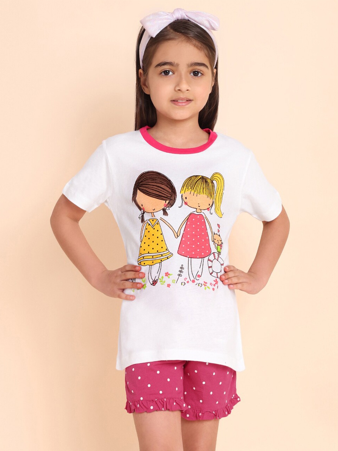 

YK Girls Printed Round Neck Short Sleeves T-shirt With Shorts, White