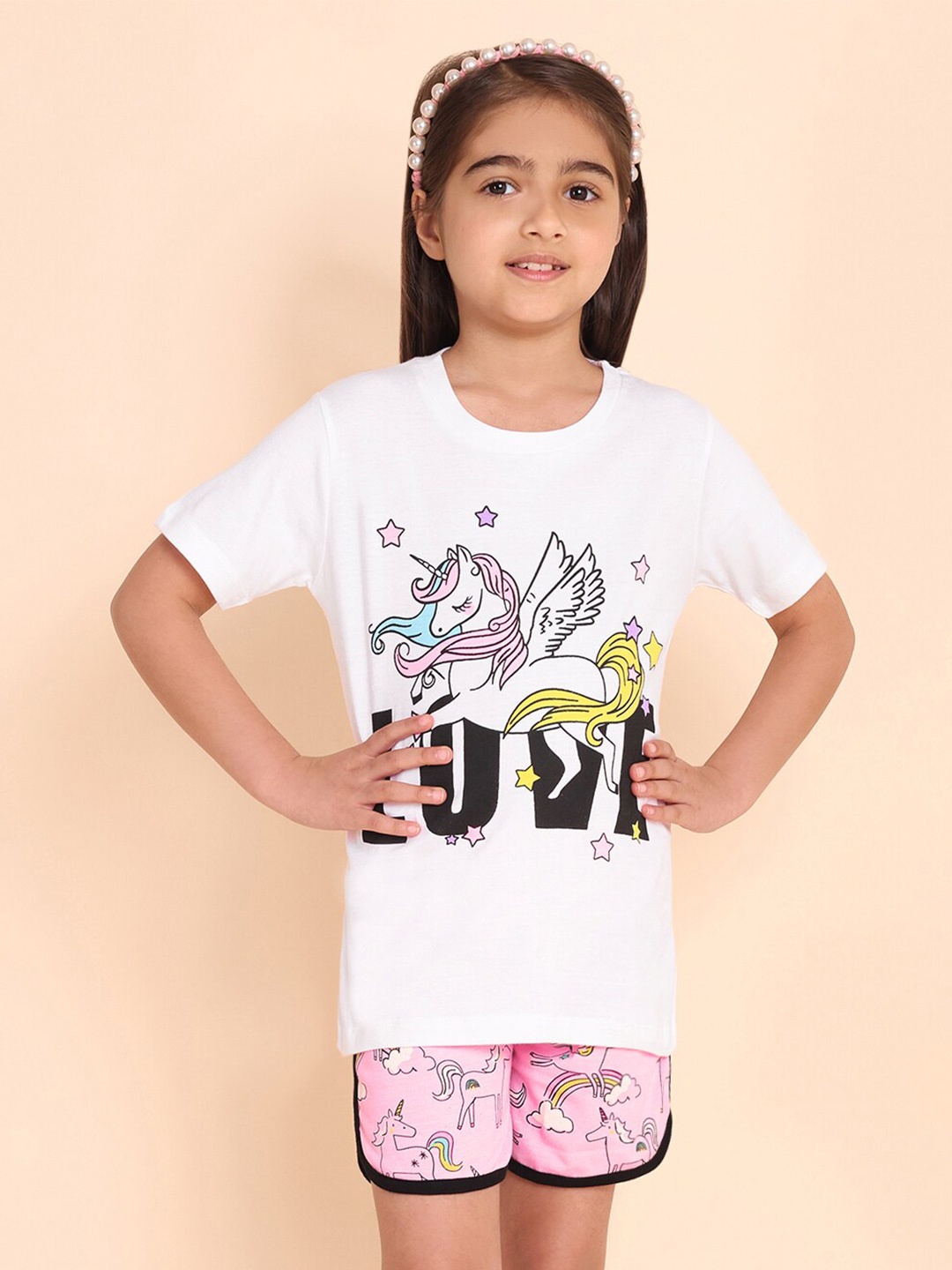 

YK Girls Printed Round Neck Short Sleeves T-shirt With Shorts, White