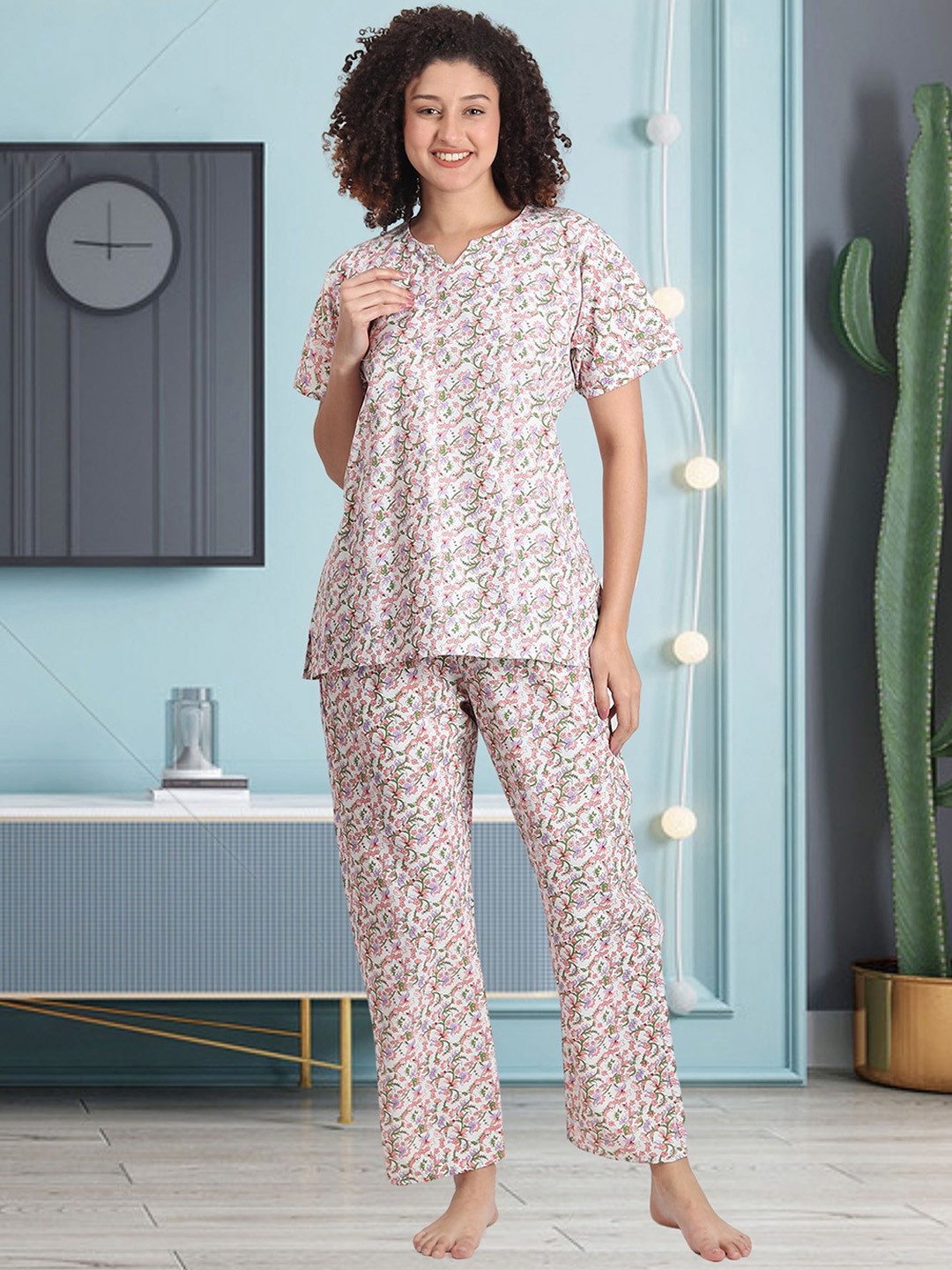 

Noty Floral Printed Night suit, White