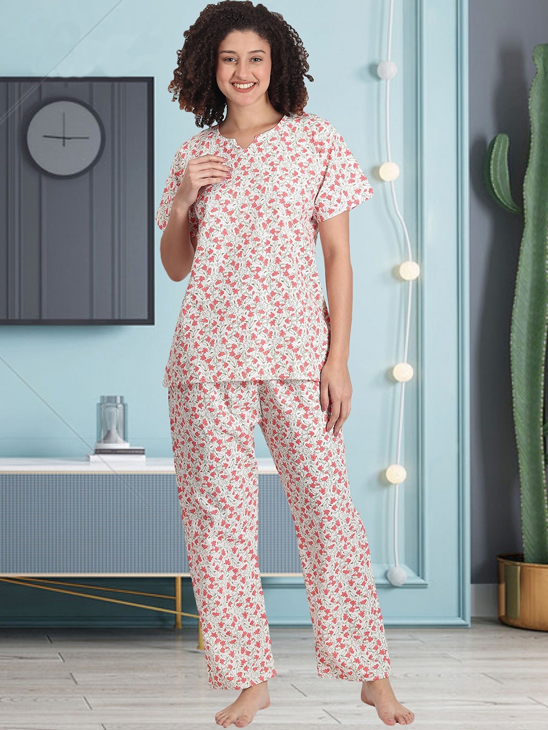

Noty Floral Printed Night suit, Cream