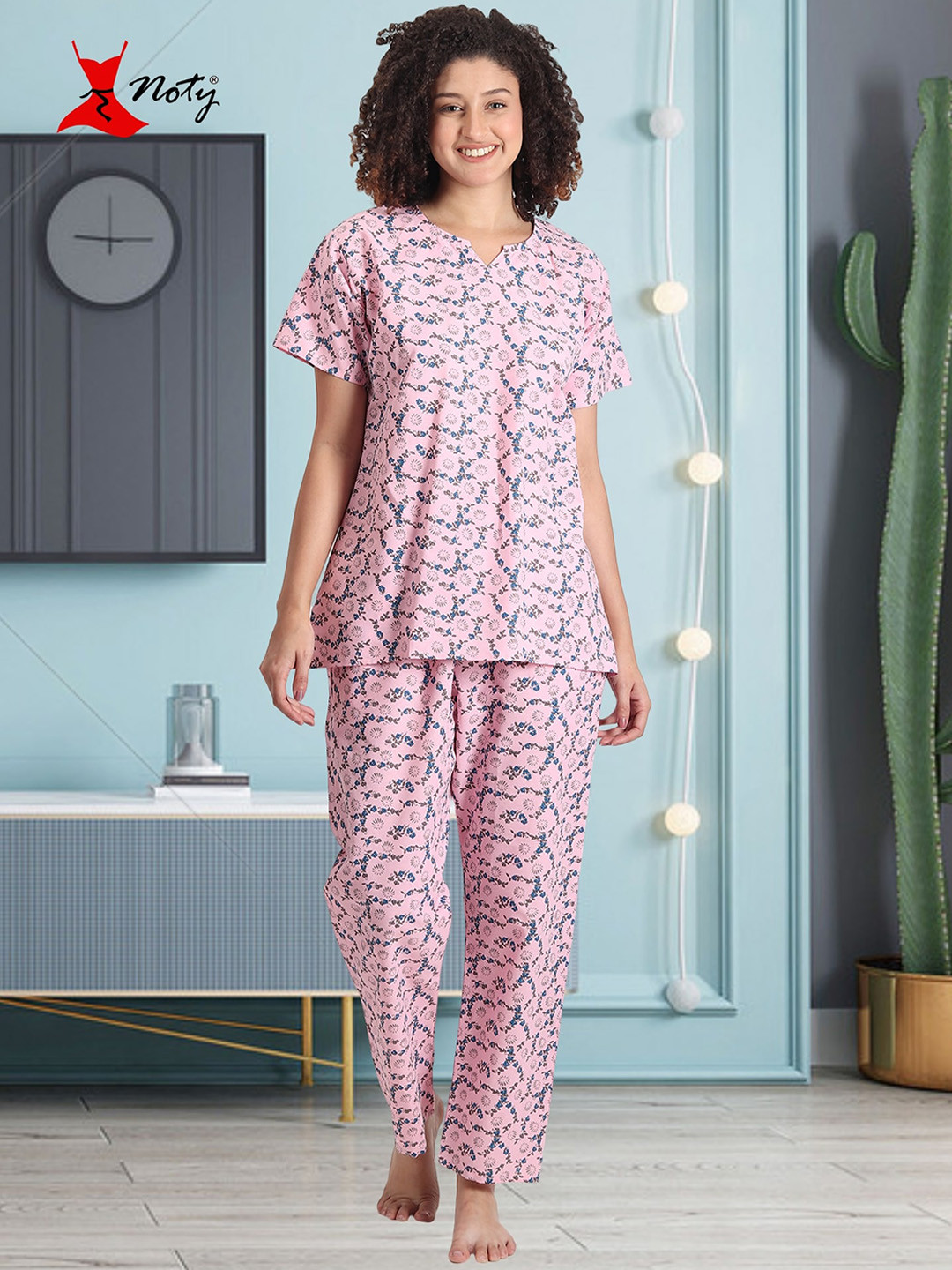 

Noty Geometric Printed Cotton Night Suit, Pink