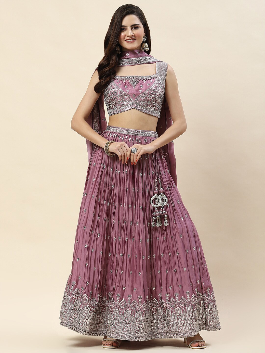 

Meena Bazaar Embroidered Ready to Wear Lehenga & Blouse With Dupatta, Purple