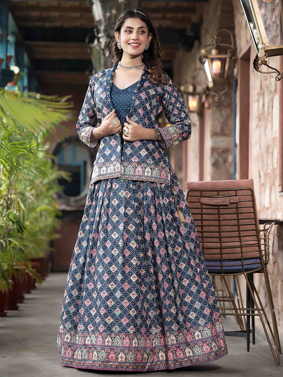 

Meena Bazaar Floral Printed Ready to Wear Lehenga & Blouse With Jacket, Blue