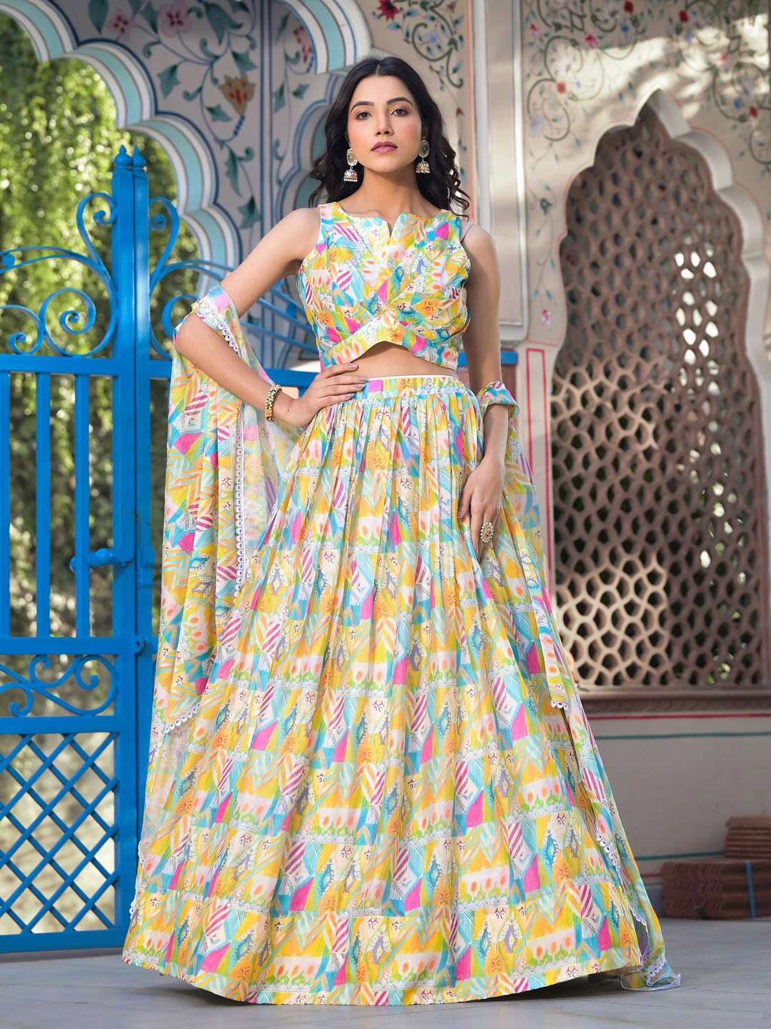 

Meena Bazaar Abstract Printed Ready to Wear Lehenga & Blouse With Dupatta, White