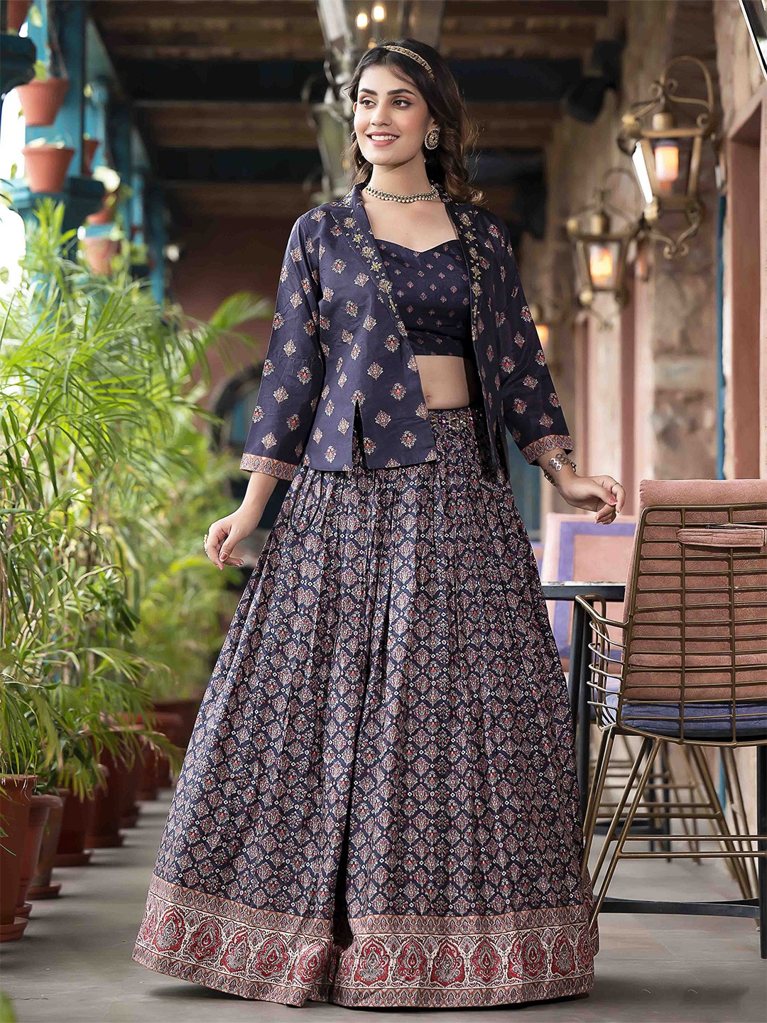 

Meena Bazaar Floral Printed Ready to Wear Lehenga & Blouse With Jacket, Blue