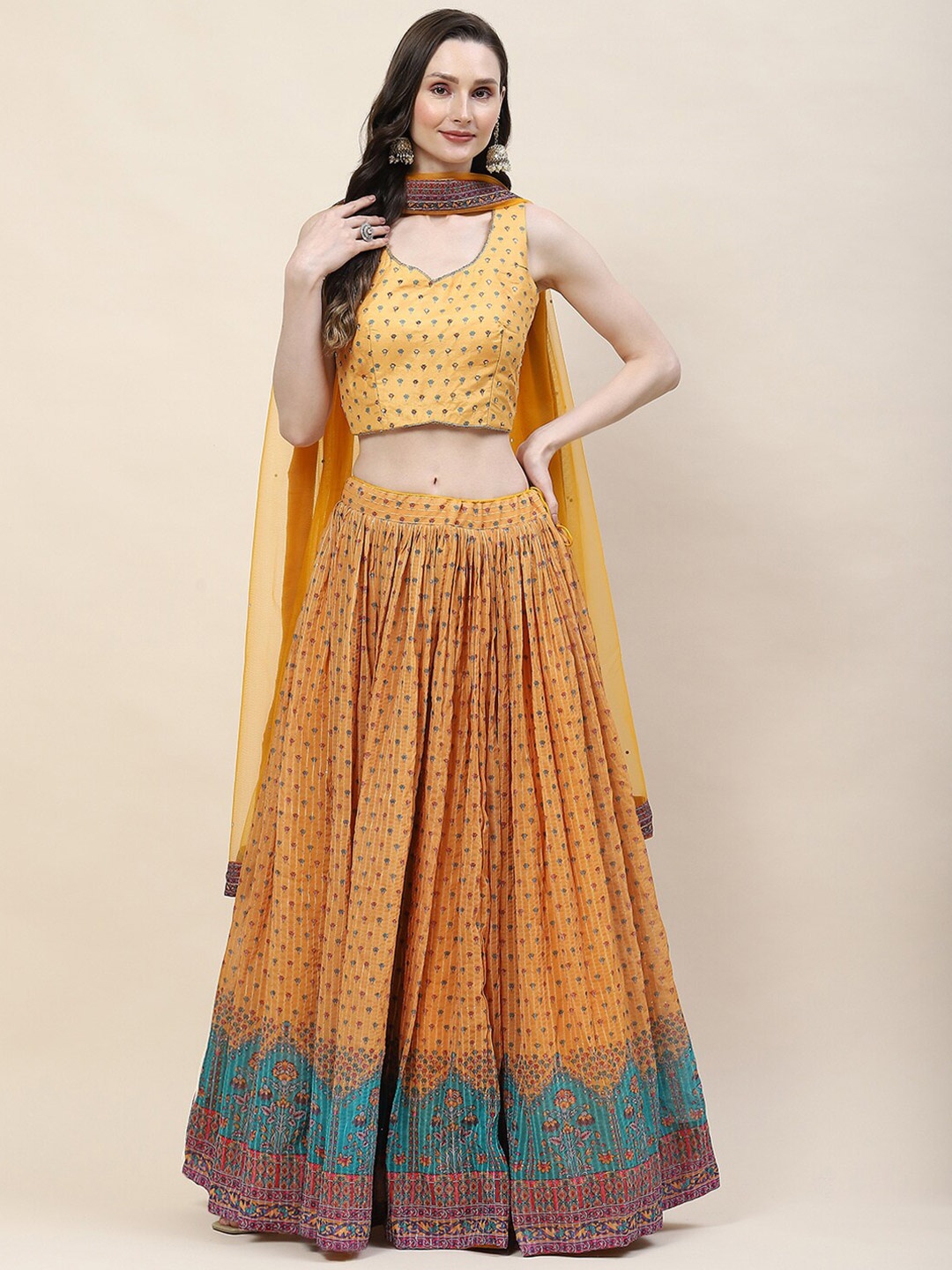 

Meena Bazaar Floral Printed Ready to Wear Lehenga & Blouse With Dupatta, Orange