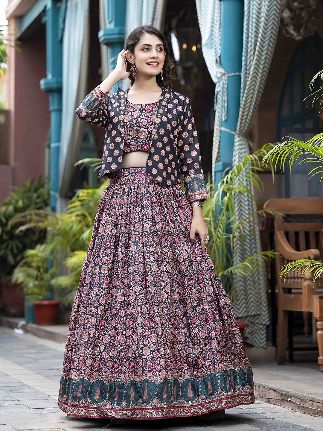 

Meena Bazaar Floral Printed Ready to Wear Lehenga & Blouse With Jacket, Black