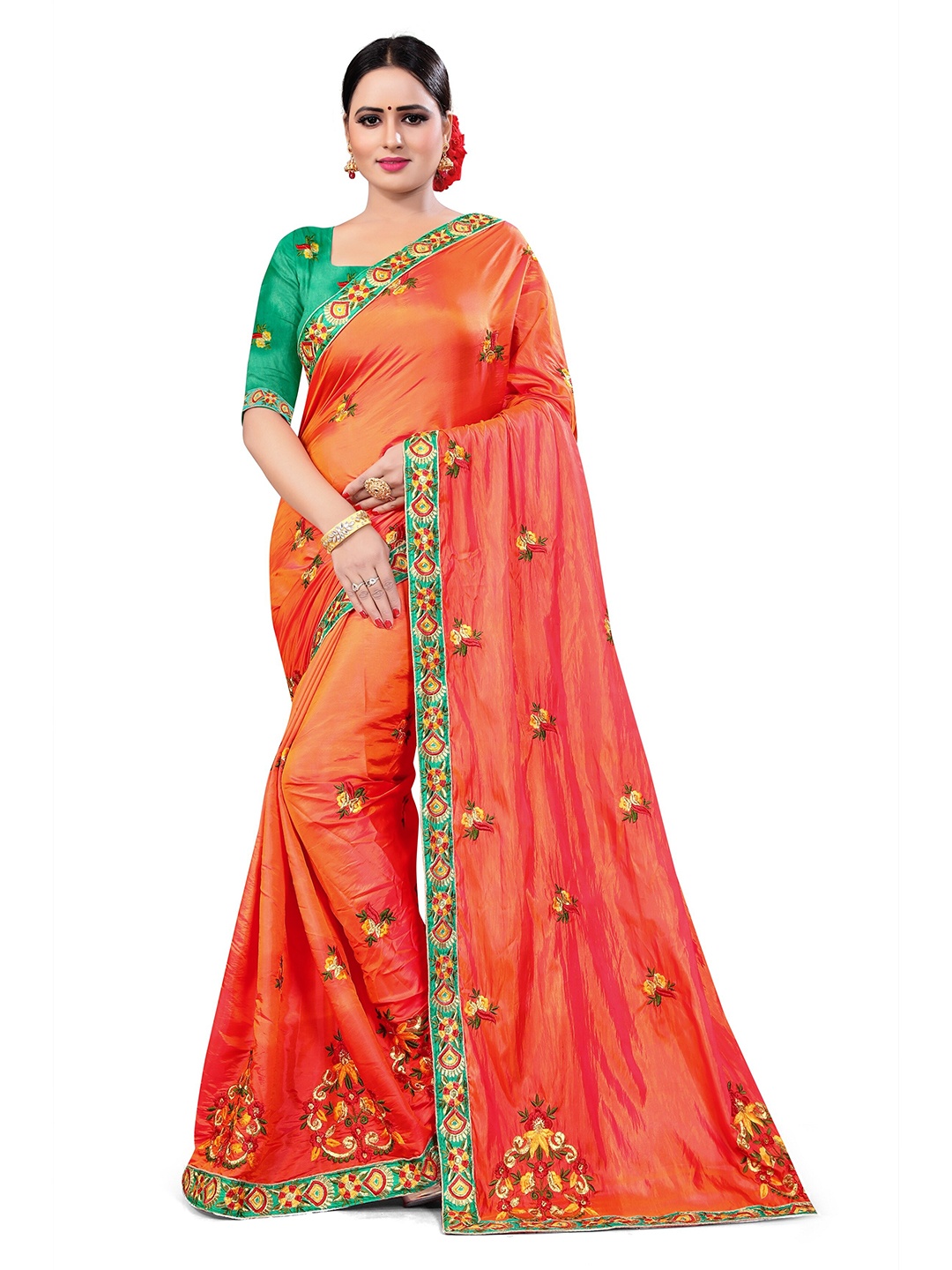 

CARTYSHOP Floral Embroidered Pure Silk Saree, Orange