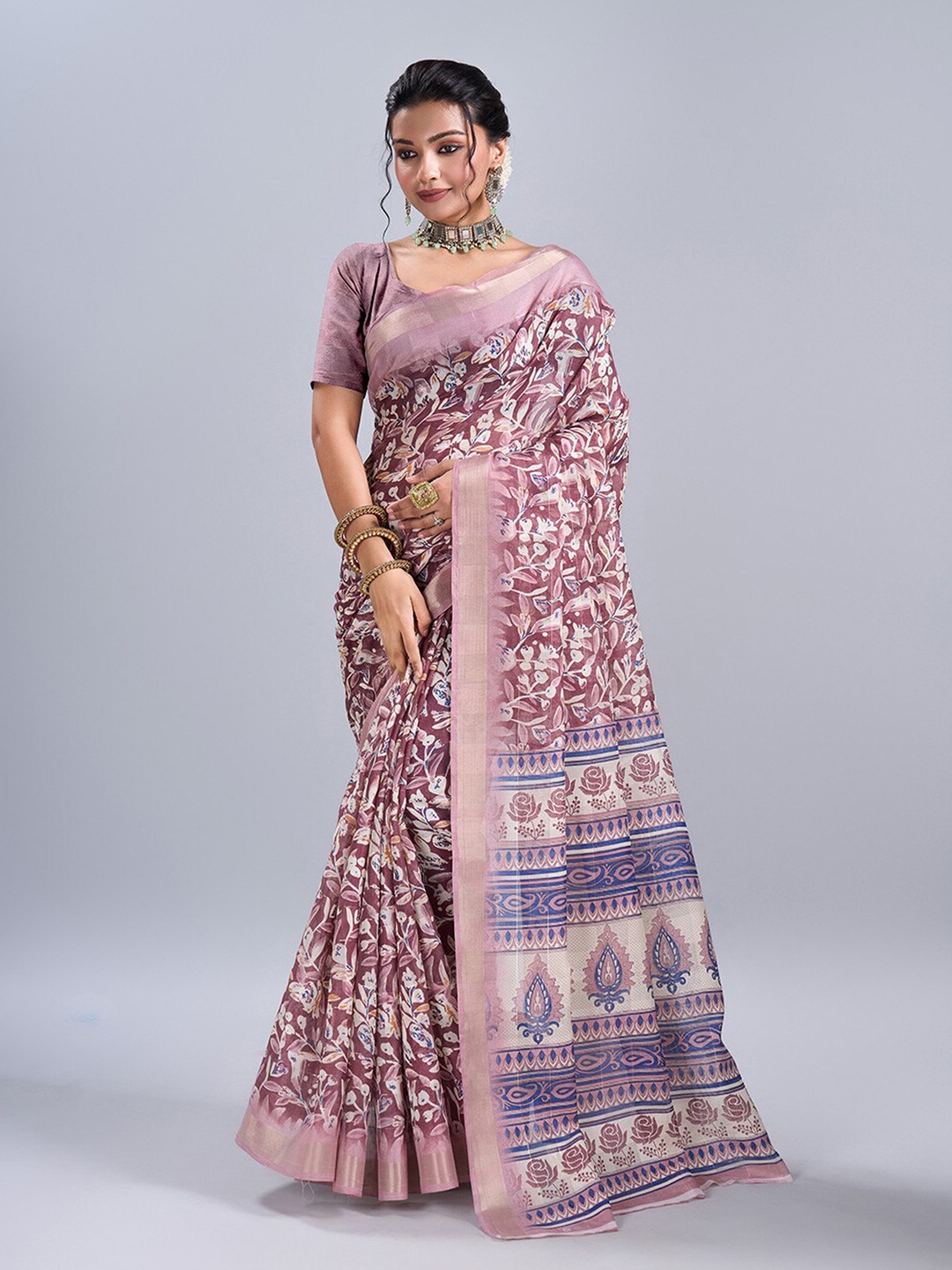 

NIRMAL CREATION Floral Printed Zari Pure Cotton Saree, Burgundy