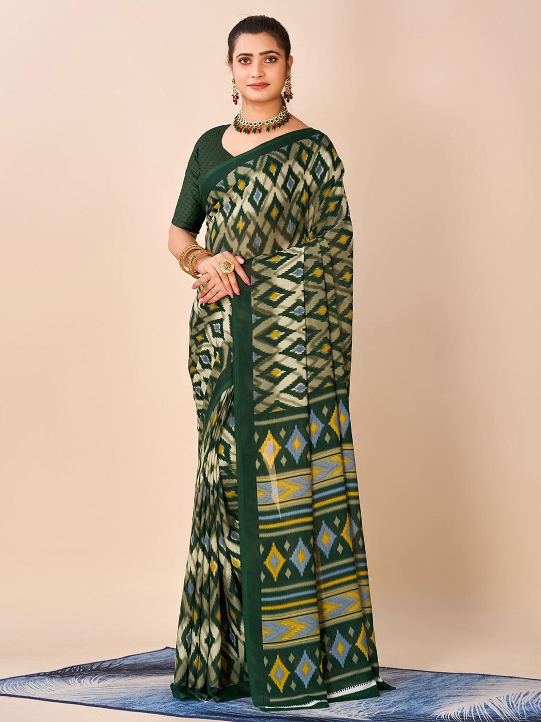 

NIRMAL CREATION Geometric Printed Pure Georgette Saree, Green