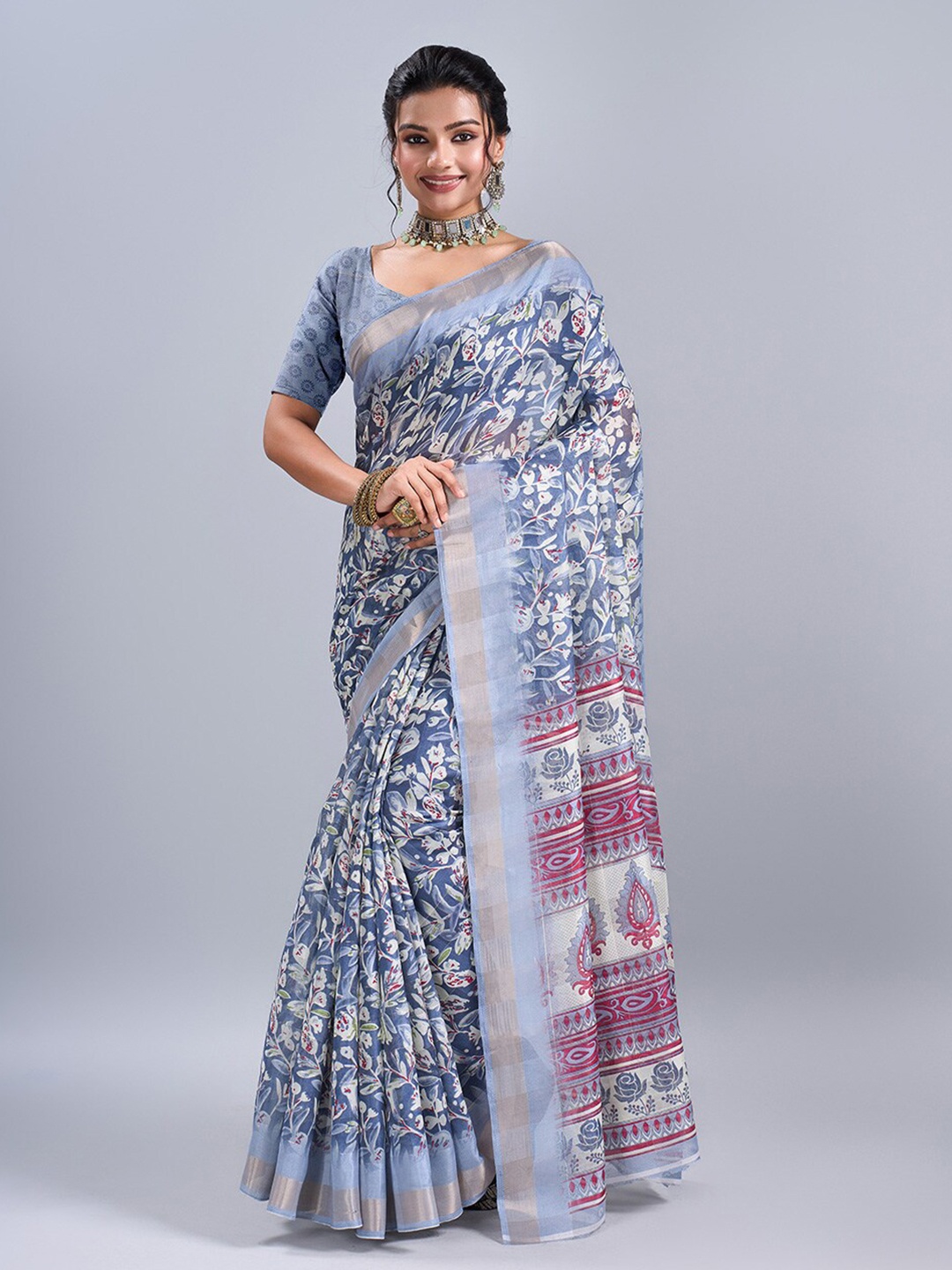 

NIRMAL CREATION Floral Zari Pure Cotton Saree, Blue