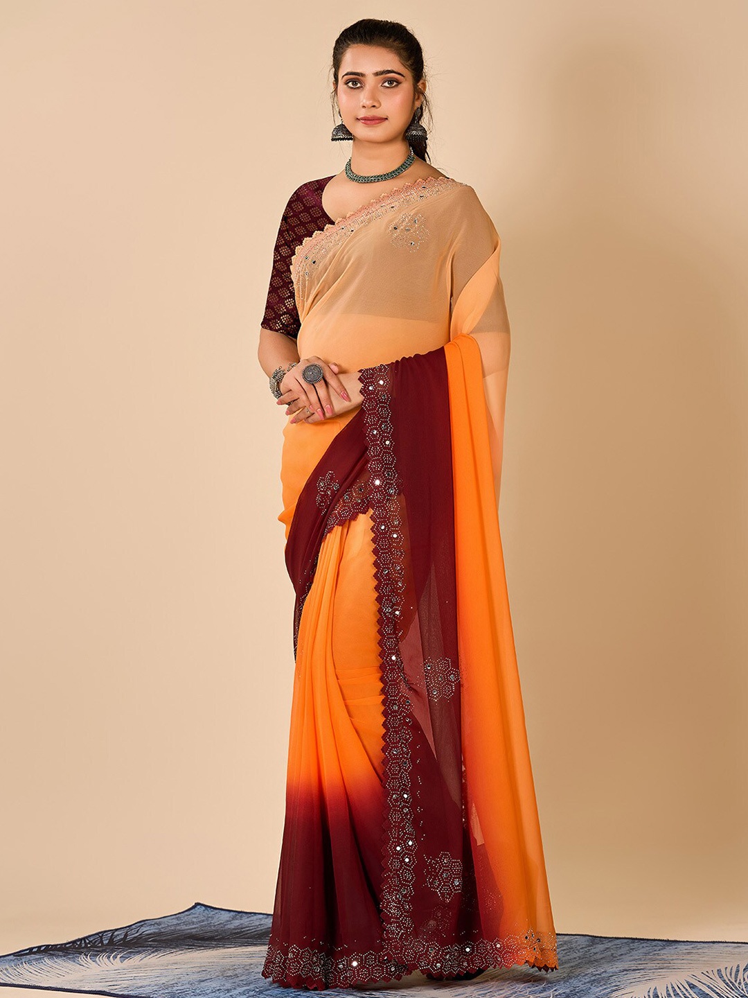 

NIRMAL CREATION Ombre Sequinned Pure Chiffon Saree, Orange