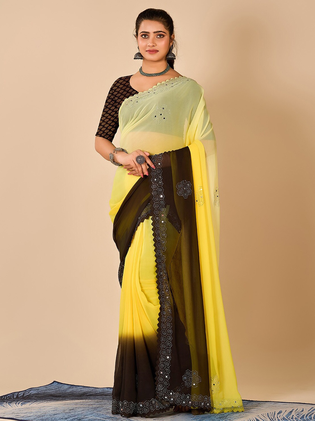

NIRMAL CREATION Embellished Beads and Stones Pure Chiffon Saree, Yellow