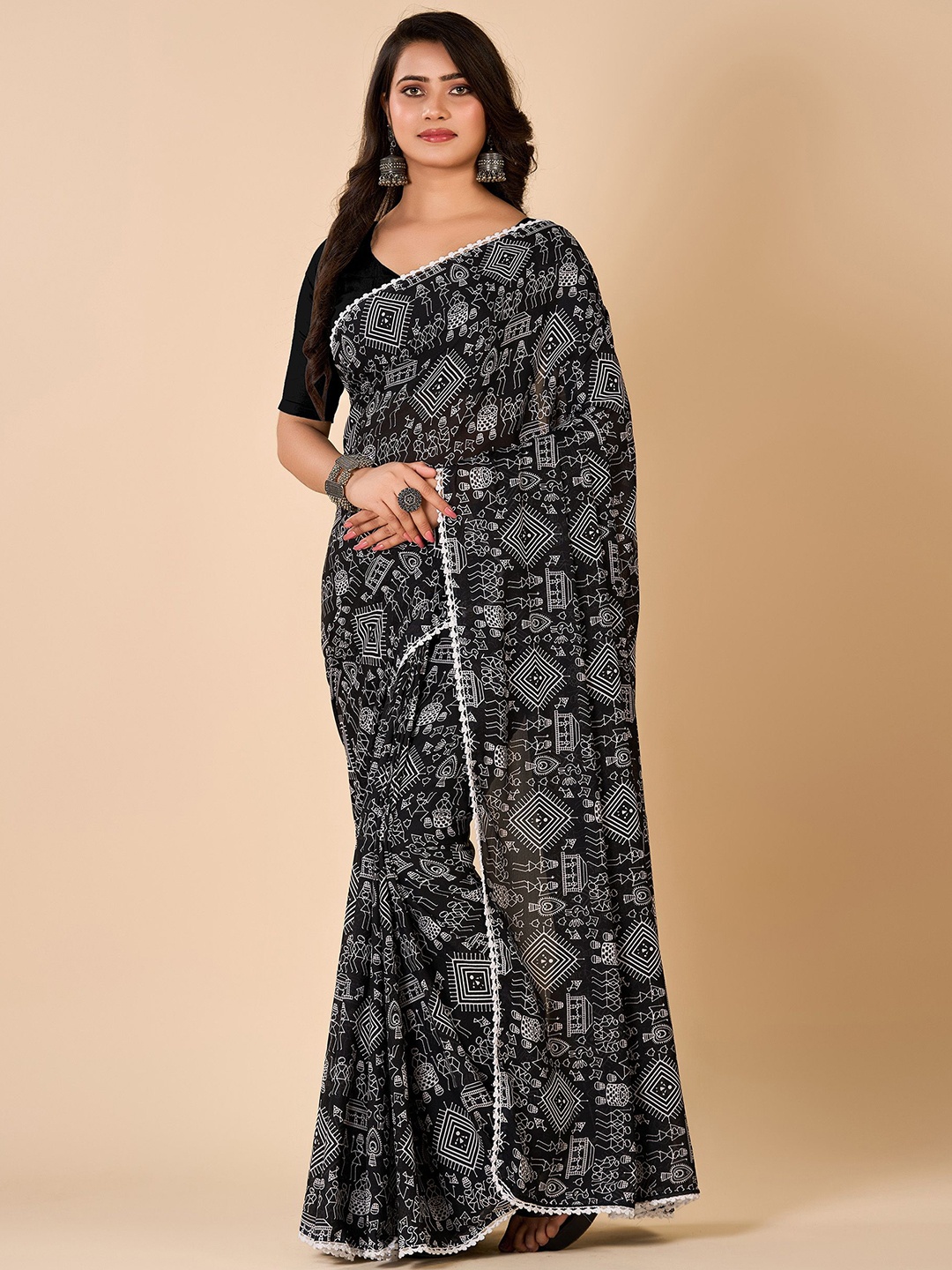 

NIRMAL CREATION Warli Pure Georgette Saree, Black