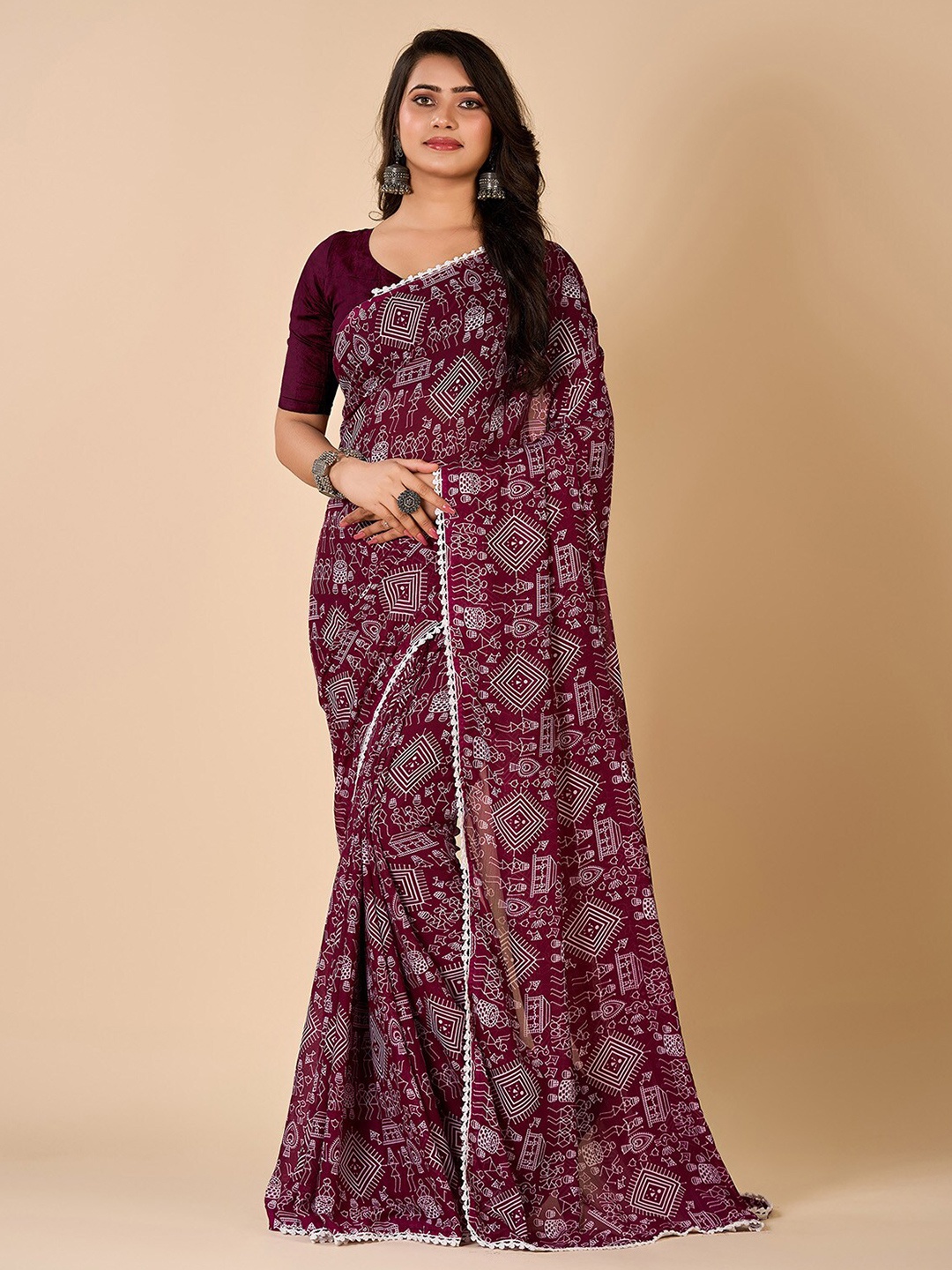 

NIRMAL CREATION Warli Printed Pure Georgette Saree, Burgundy