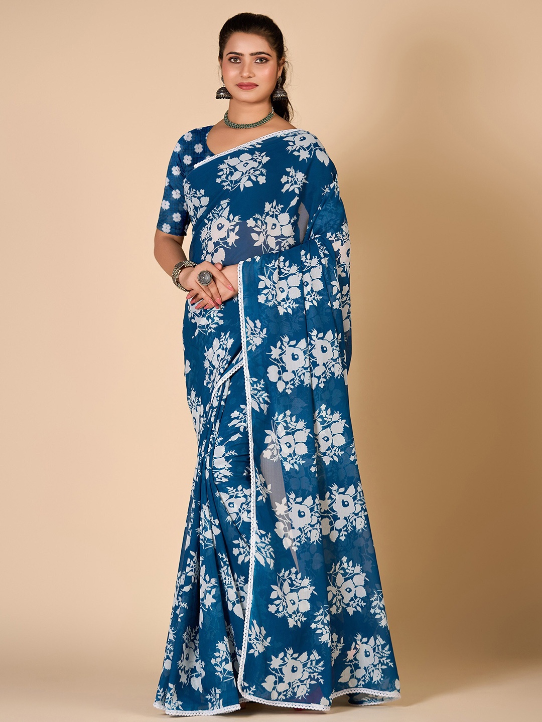 

NIRMAL CREATION Floral Printed Pure Georgette Saree, Blue