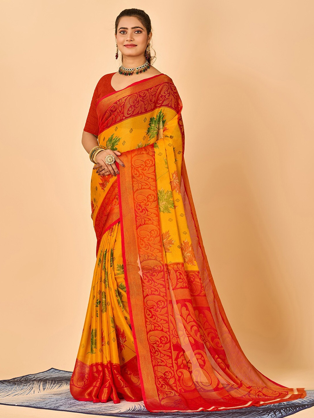 

NIRMAL CREATION Floral Printed Brasso Saree, Mustard