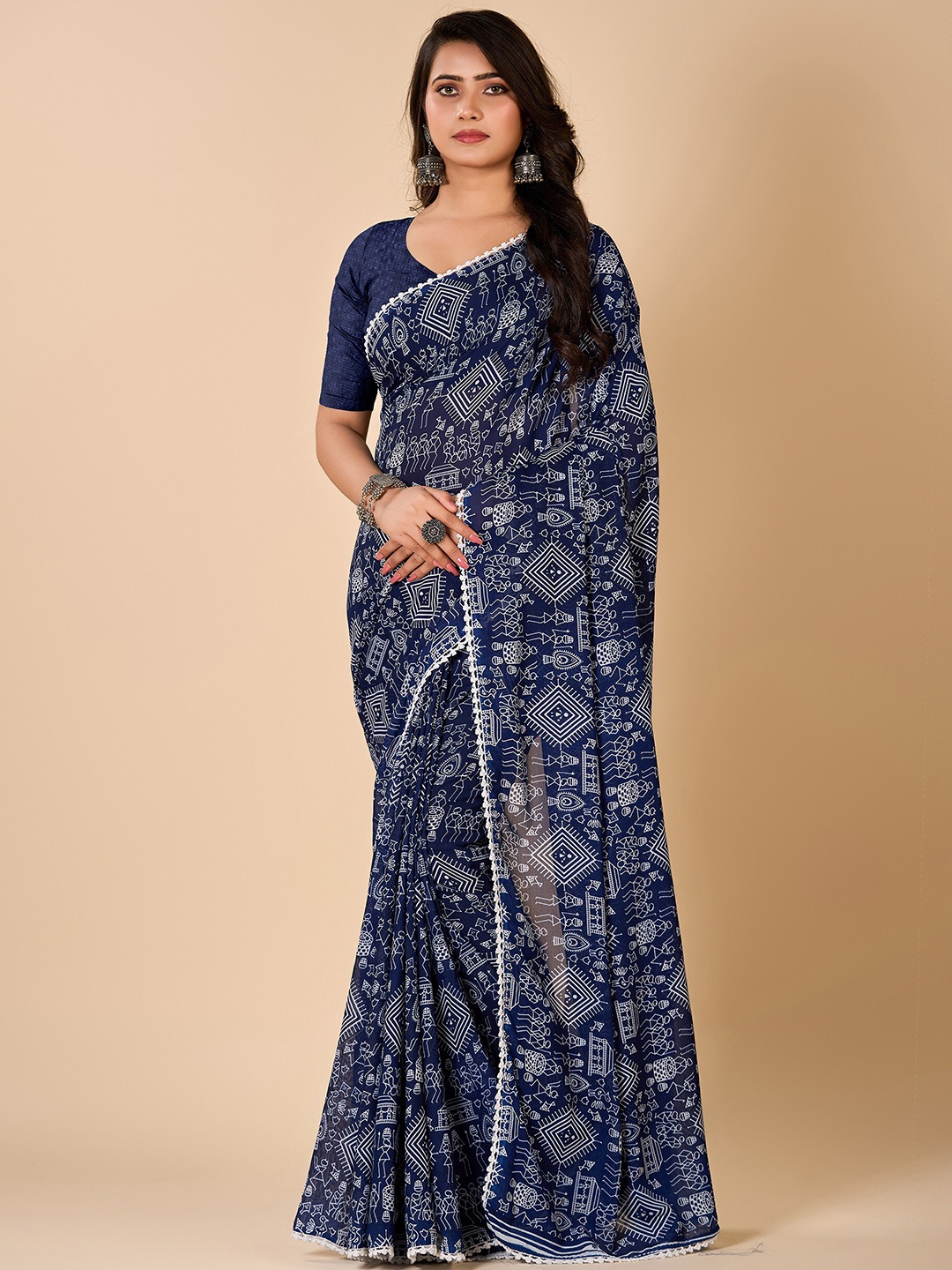 

NIRMAL CREATION Warli Printed Pure Georgette Saree, Blue