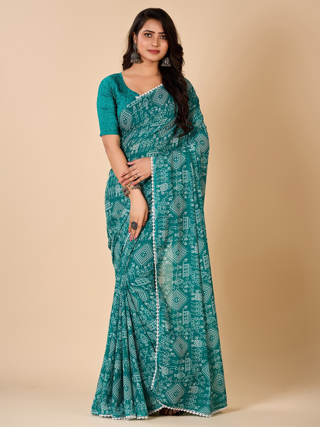 

NIRMAL CREATION Warli Embroidered Pure Georgette Saree, Green
