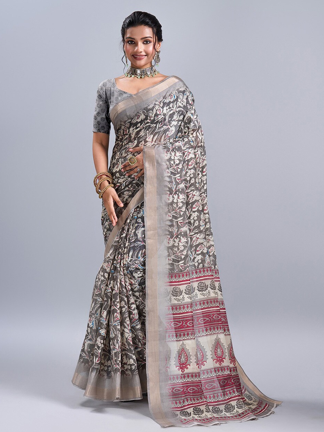

NIRMAL CREATION Floral Zari Pure Cotton Saree, Grey