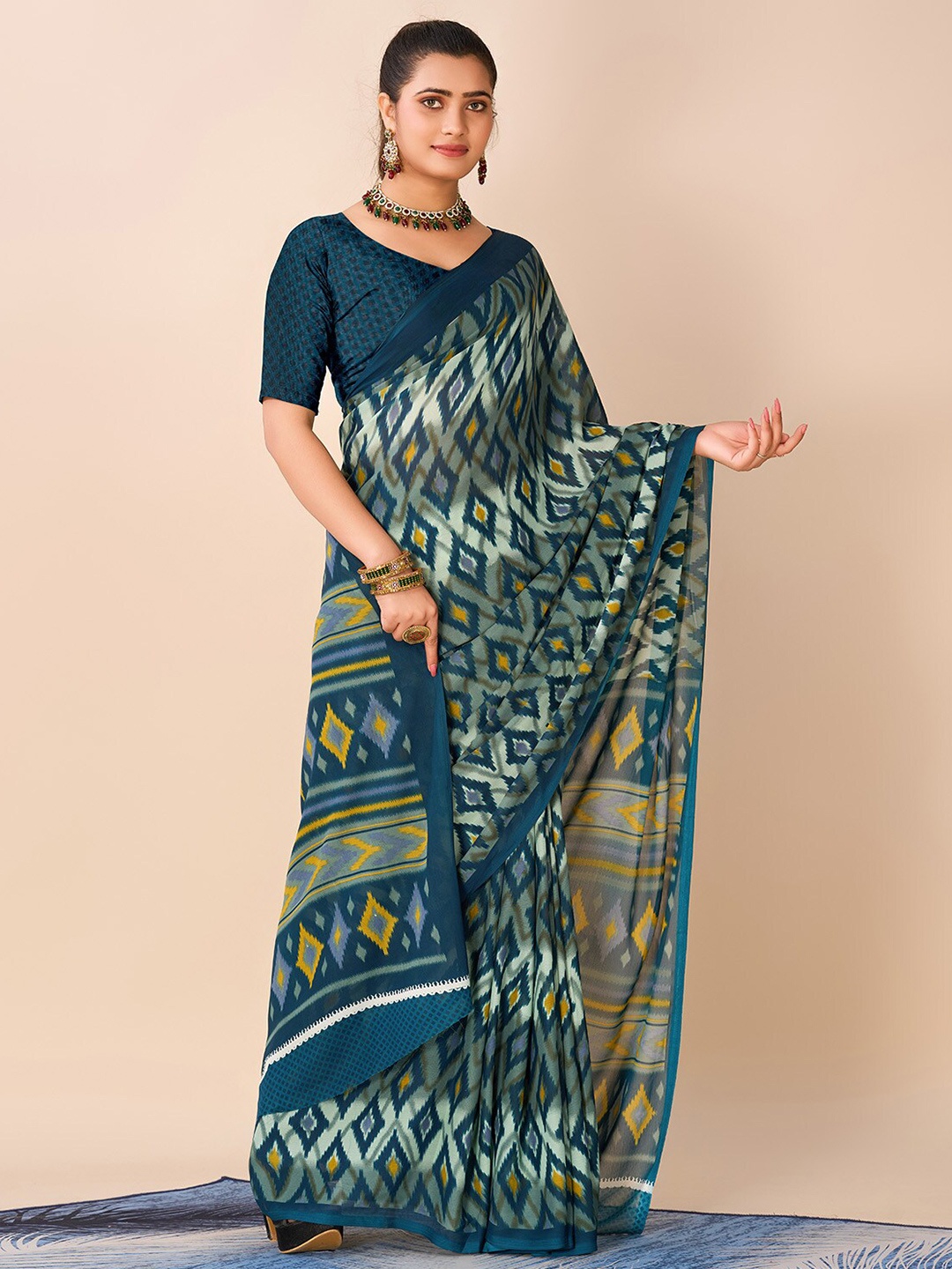 

NIRMAL CREATION Geometric Printed Pure Cotton Saree, Green