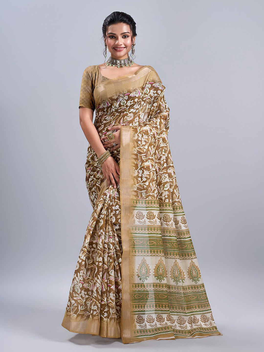

NIRMAL CREATION Floral Zari Pure Cotton Saree, Mustard